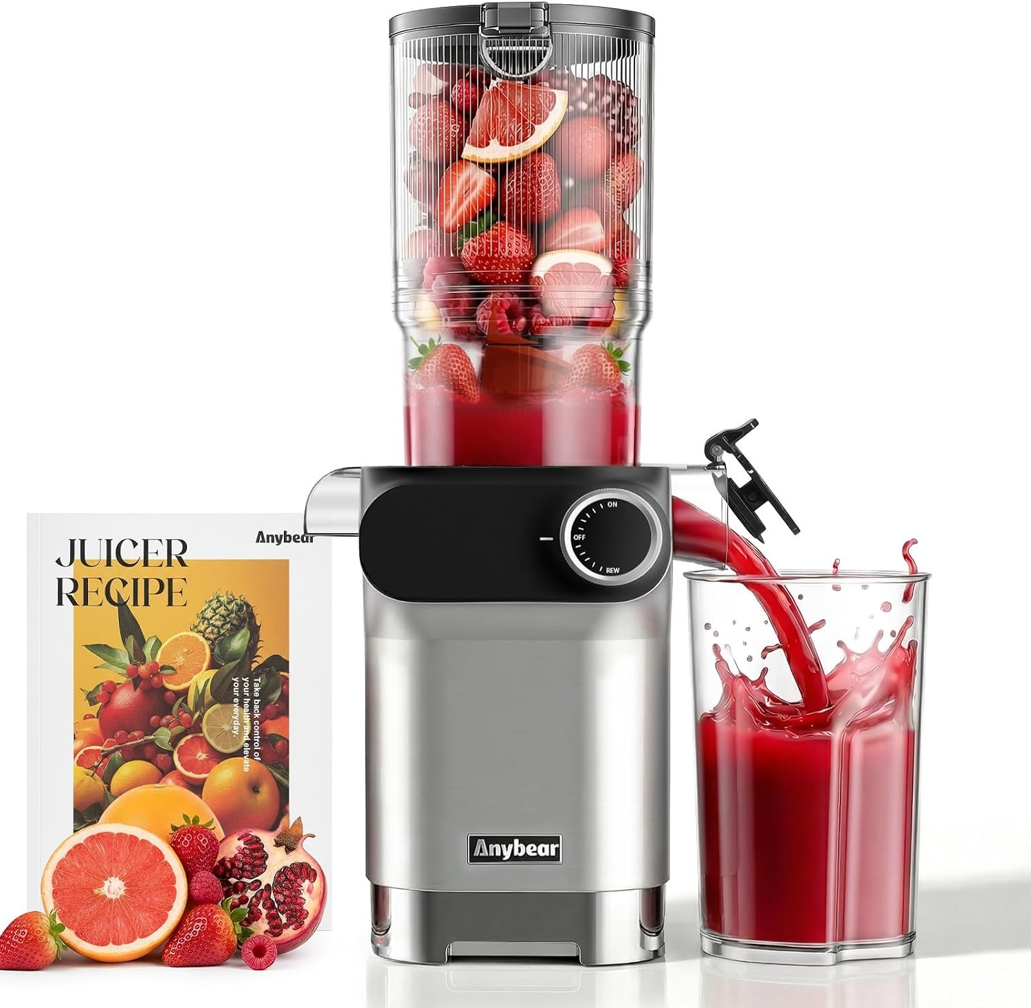 Anybear Cold Press Juicer 200W Masticating Slow Juicer 4.3″ Large Feed Chute Fit Whole Fruits Vegetables | Upgraded Auger | Tritan Material | BPA Free | Juice Recipes (Silver Orange)