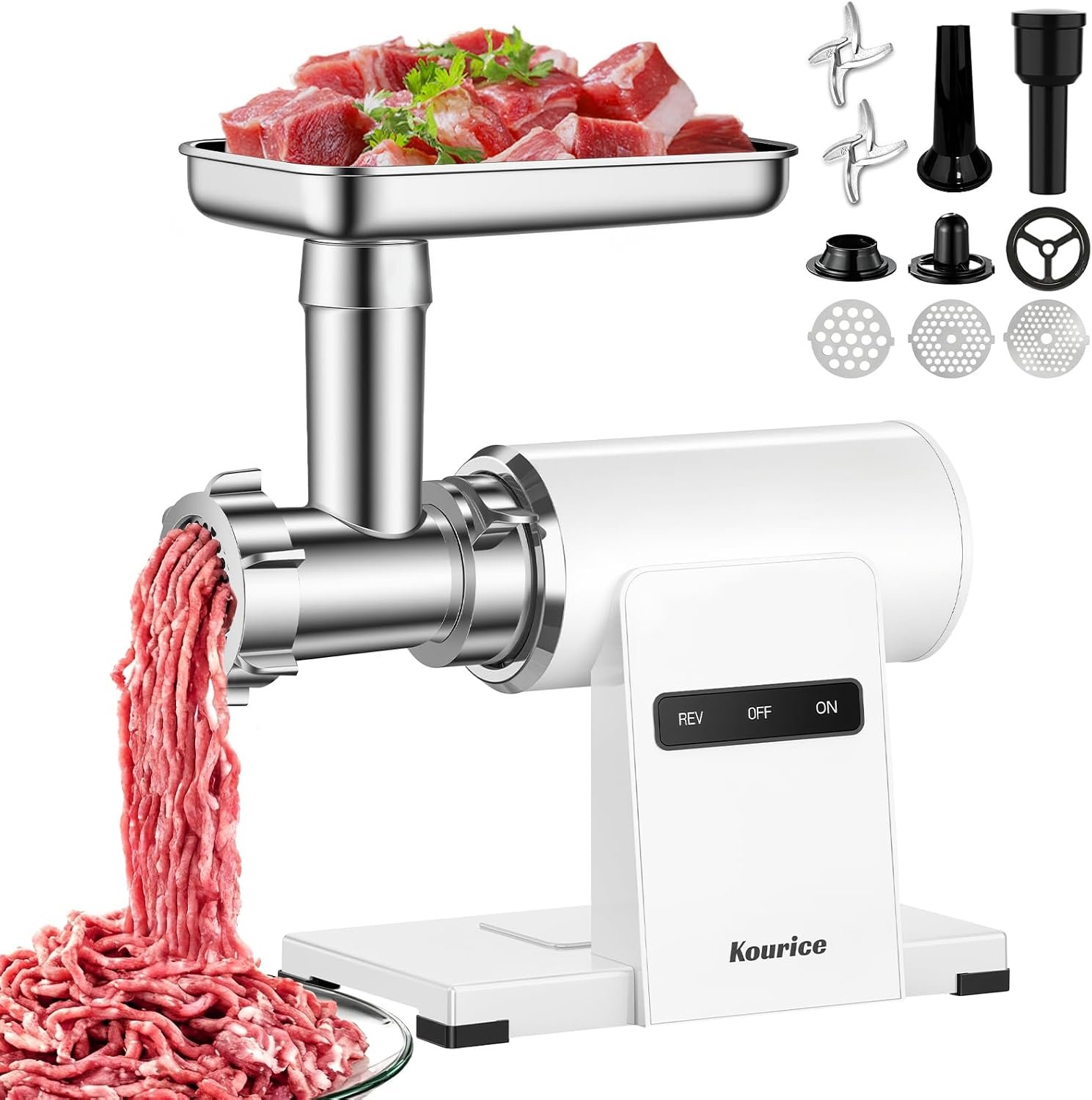 Electric Meat Grinder for Home Use, 2800W Peak Power, Heavy Duty Metal Body with Auto-Reverse, 2 Blades & 3 Grinding Plates, Sausage Stuffer & Kibbeh Kit, Easy Clean, White