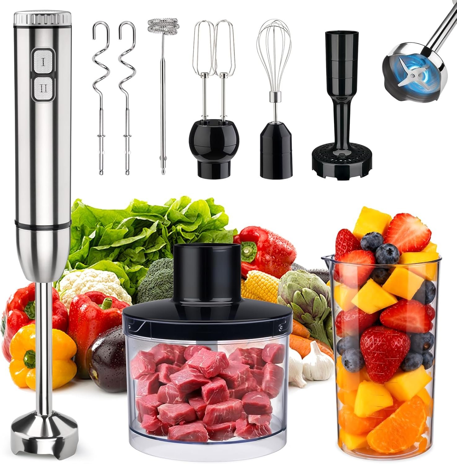 Immersion Blender Handheld Cordless 6 in 1 Hand Held Blenders Mixer Stainless Steel 25 Speed Turbo Mode Electric Sitck Beaker Chopper Milk Frother Grinder