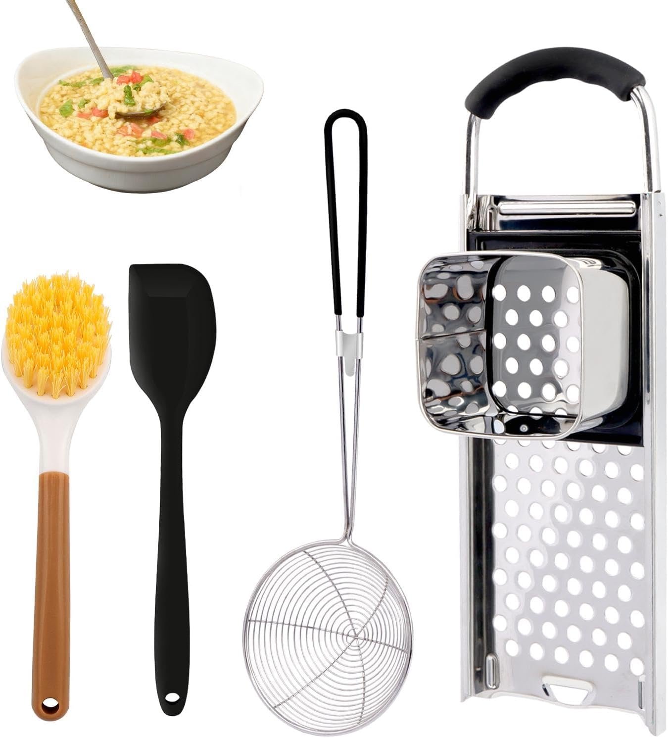 Spaetzle Maker, Stainless Steel Homemade German Egg Noodle & Dumpling Making Tool Set, Comfort Grip, Easy to Use and Clean, Includes Spider Strainer, Scraper and Brush