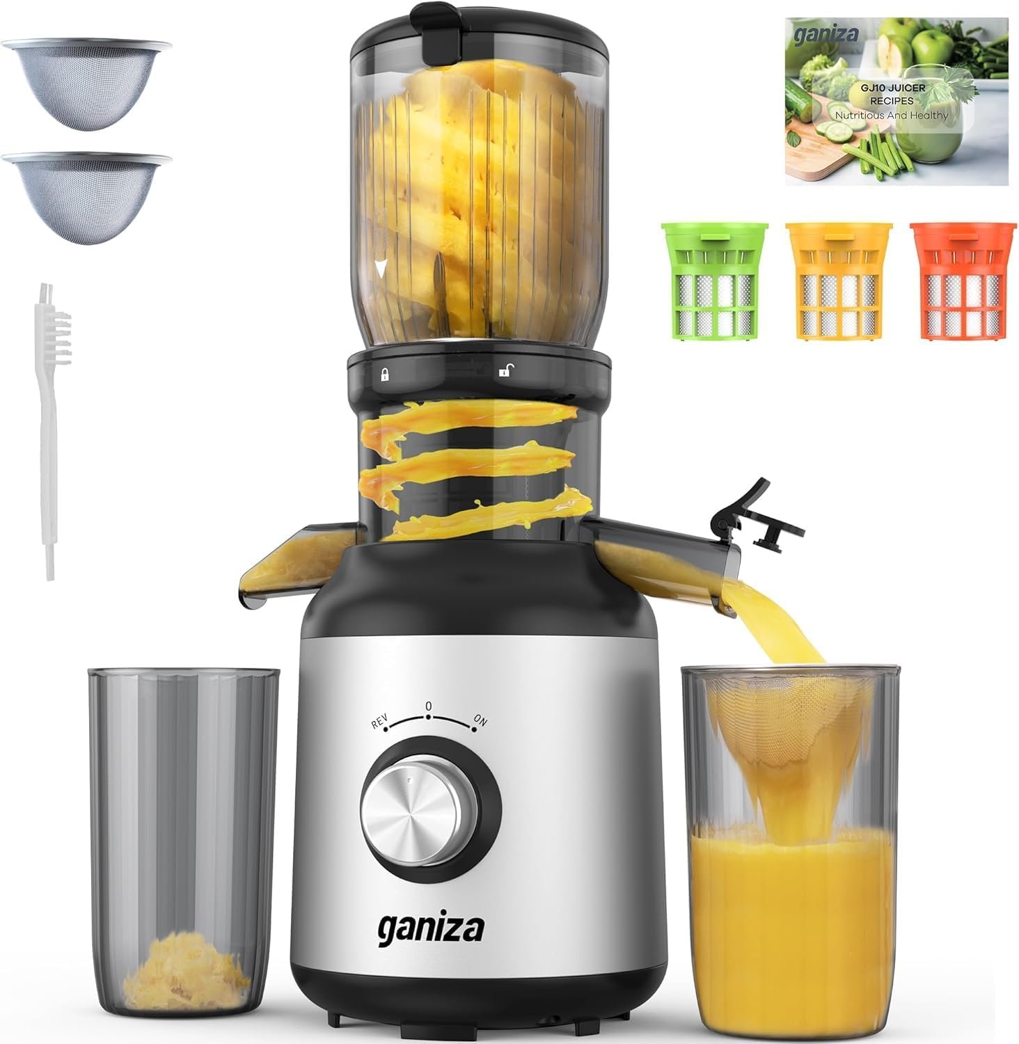 Ganiza Cold Press Juicer Machines, 4.06″ Wide Feed Chute, High Juice Yield | Slow Masticating Extractor for Whole Fruits & Vegetables, 3 Replaceable Filters, Ultra-Quiet Motor, Easy to Clean, BPA-Free
