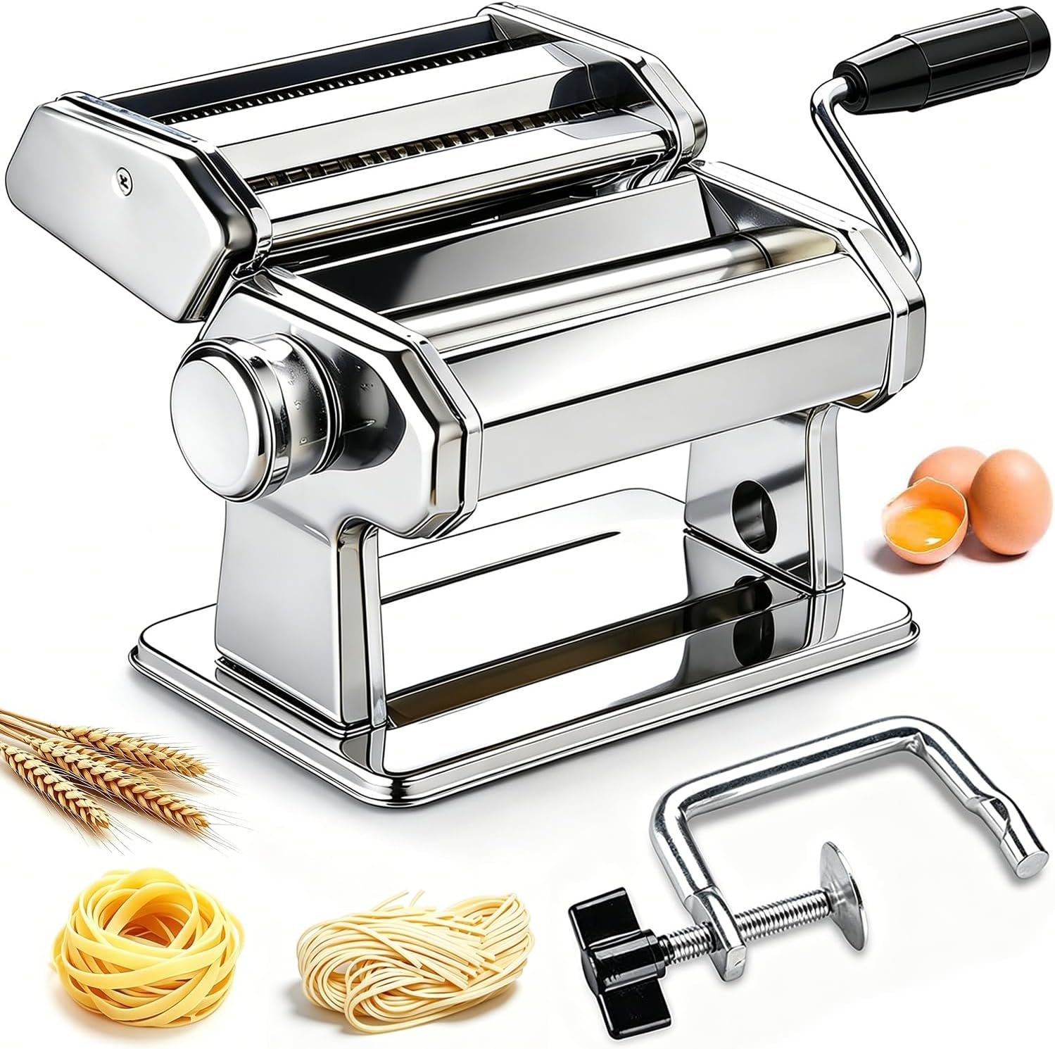 Pasta Maker Machine, Manual Pasta Maker with 9 Adjustable Thickness Settings, Stainless Steel Noodles Maker with Rollers and Cutter for Pasta, Spaghetti, Fettuccini, Lasagna