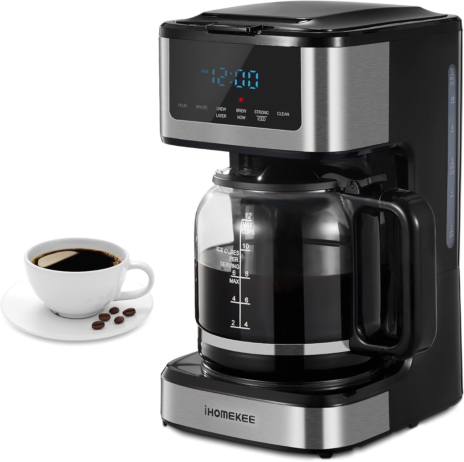 Ihomekee Coffee Maker, Programmable Drip Coffee Maker 12 Cup, Regular & Strong Brew Drip Coffee Machine with Iced Coffee Function for Home and Office, Black & Stainless Steel (Black,Silver)
