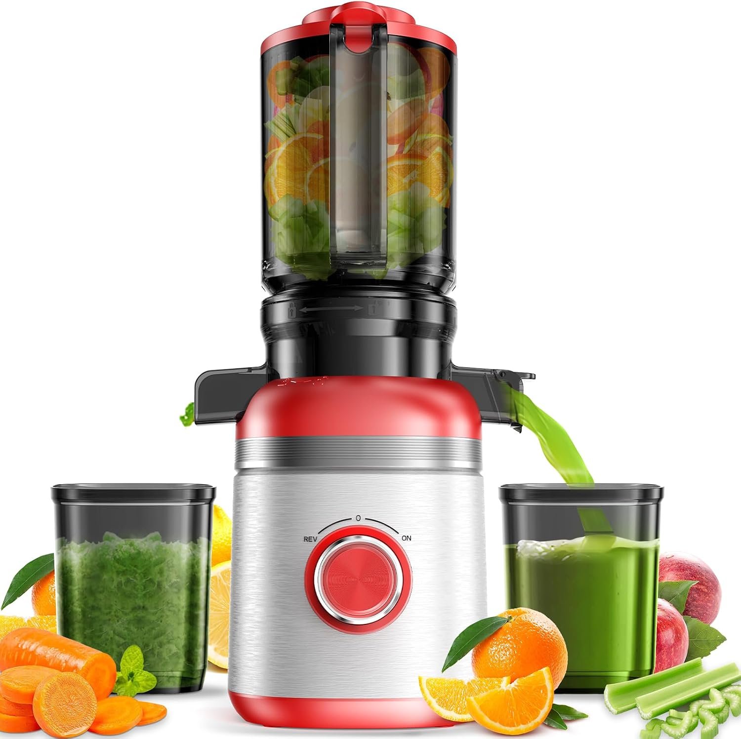 Cold Press Juicer Machines with Wide Feed Chute, Slow Masticating Juicer Maker for Whole Vegetables & Fruits, High Juice Yield, Easy to Clean, Large Auger Extractor, Red