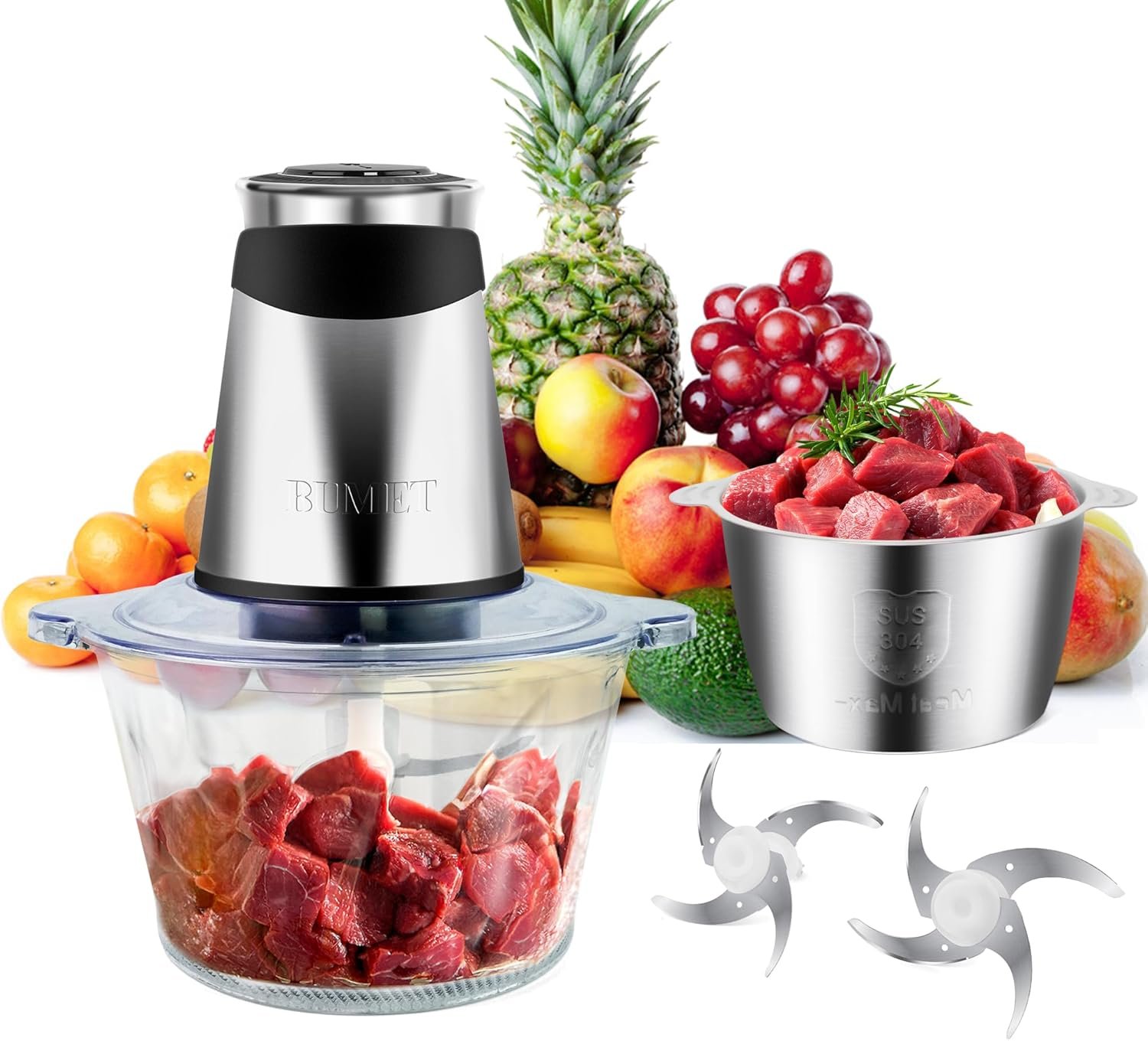 BUMET 500W Food Chopper 2×8-Cup Bowls 2 Blades Meat Grinder | glass+stainless bowl, stainless steel blades for meat/veggies/nuts. easy to clean, ideal for daily kitchen prep.