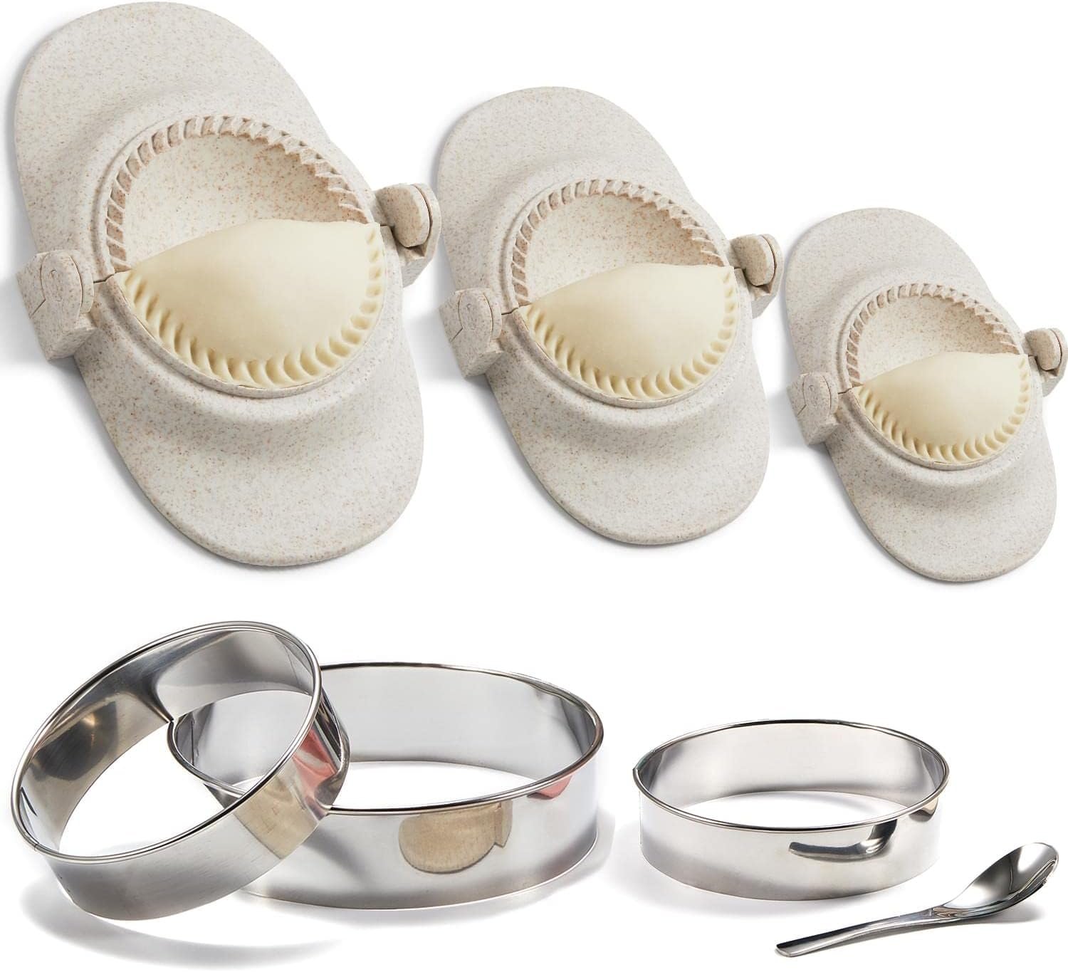 Dumpling Maker, Empanadas press mold maker Set with Dough Cutter, Dumpling Mold Set for Pierogi, Pastelitos, Calzone, Turnovers, Chinese Dumpling White 3sizes (4″+3″+2.6″)