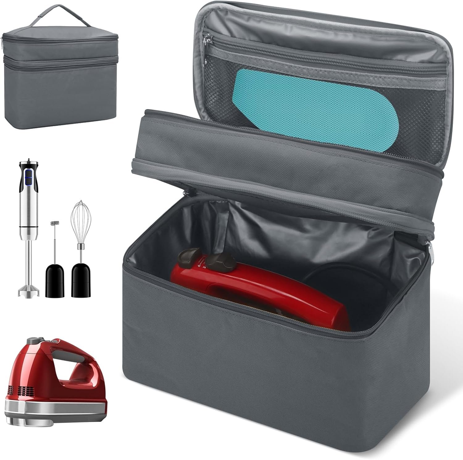 Hand Mixer Case for Kitchen Aid – Immersion Blender Attachments Storage Bag Blender Stick Handheld Carrying Case with Handle Hand Mixer Accessories, Portable Travel Organizer (Bag Only) Gray