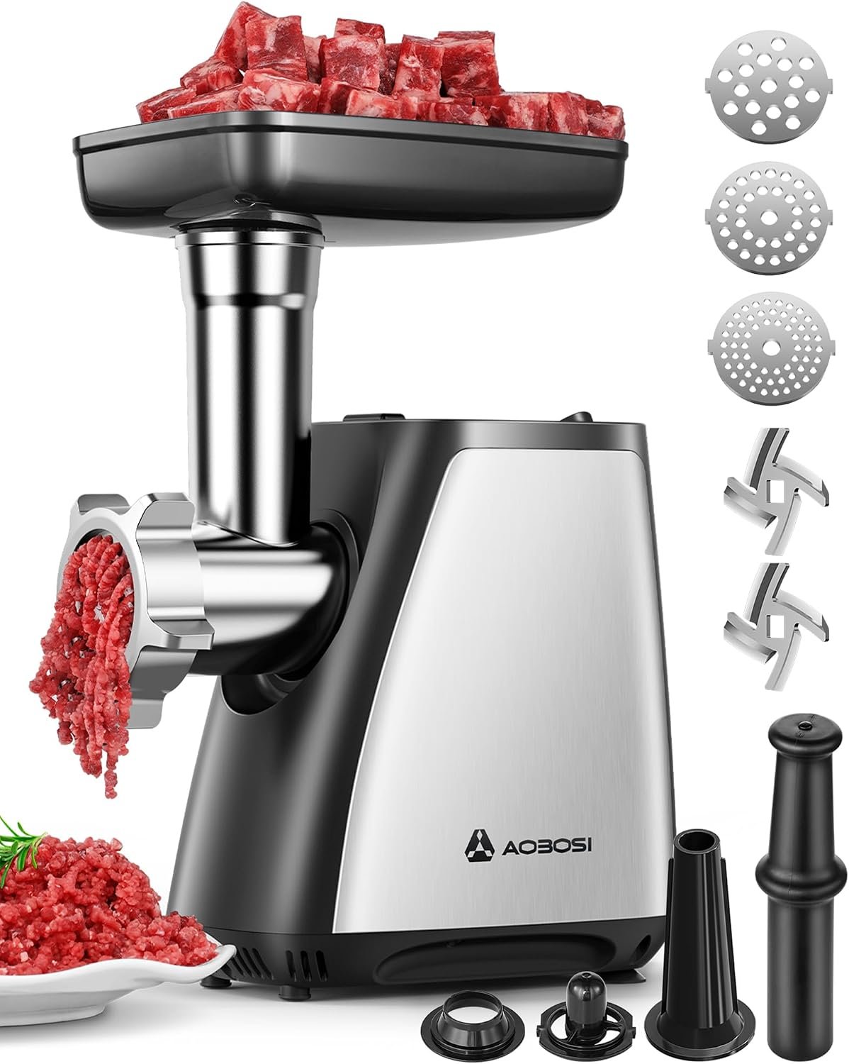 AAOBOSI Meat Grinder, 3-In-1 Meat Grinder Electric [2800W Max] with 2 Blades,3 Plates,Sausage Stuffer,Kubbe Kit for Home Kitchen Use, Stainless Steel