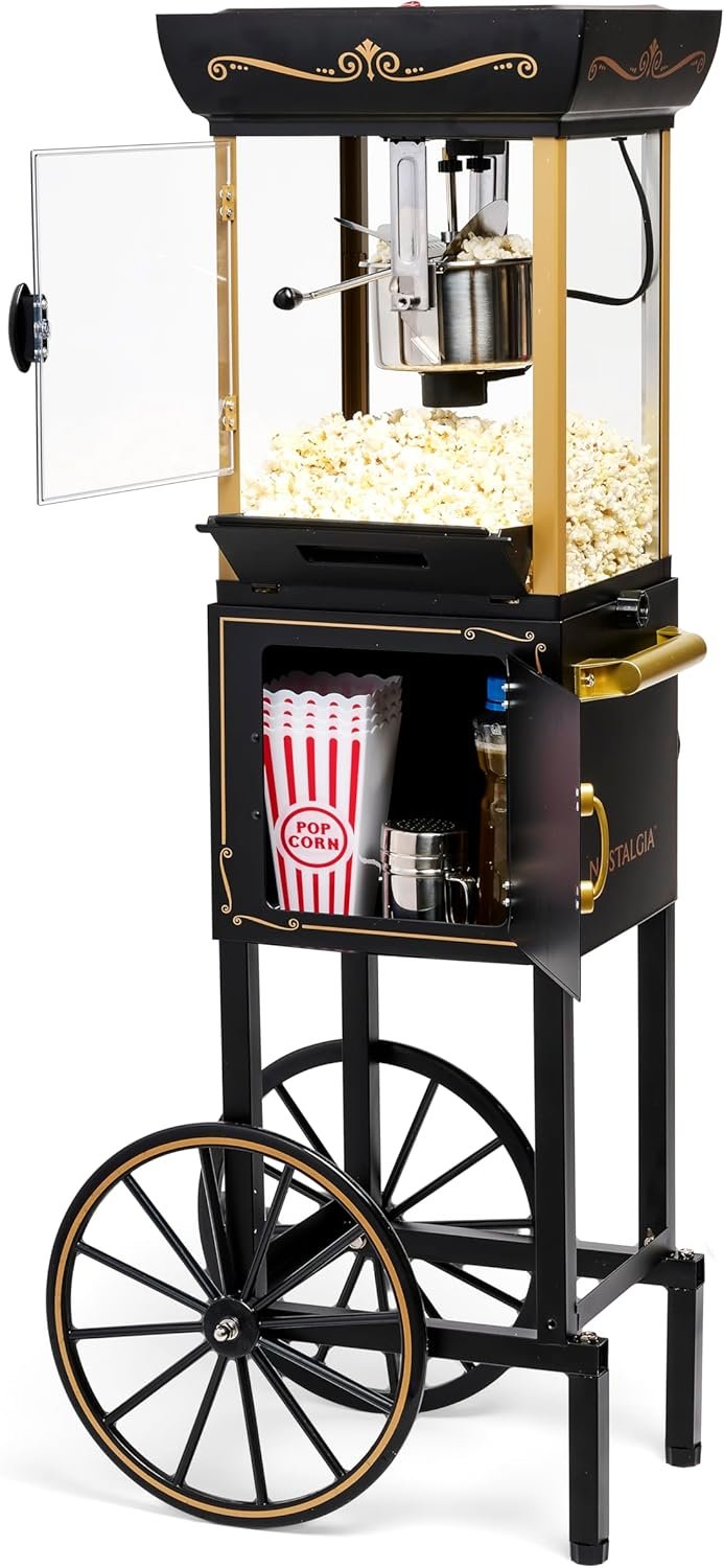 Nostalgia Popcorn Maker Machine – Vintage Theater Style Popcorn Cart With 2.5oz Stainless Steel Kettle, Makes Up To 10 Cups Easily – Bring Home the Fun with Theater Style Popcorn Machine-Black