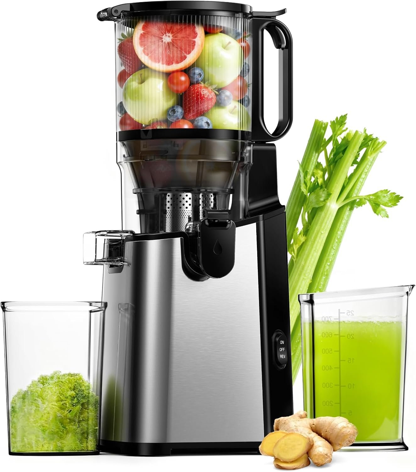Juicer Machines, EUHOMY 5.8″ Wide Feed Chute Cold Press Juicer for Whole Vegetables & Fruits with 400W, High Juice Yield, Easy to clean, Black Stainless Steel