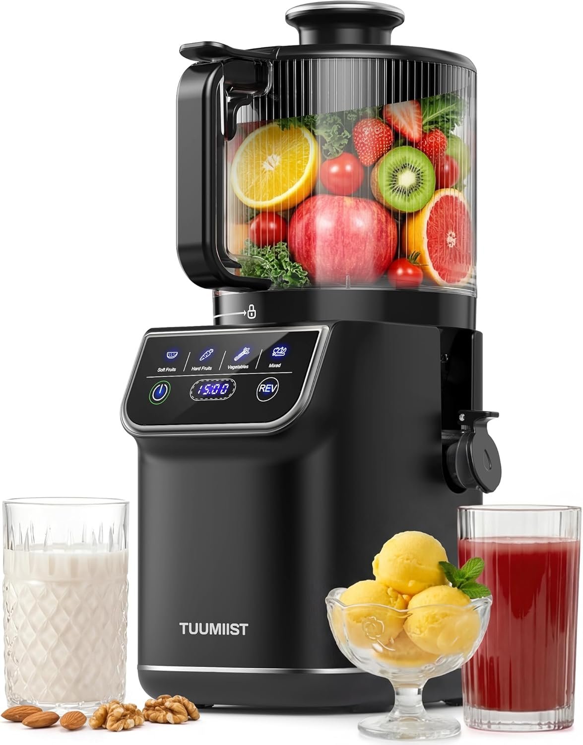 TUUMIIST 3-in-1 Cold Press Juicer Machine, Smart Touch Masticating Juicers for Whole Fruit & Vegetable, 6.5″ Wide Chute Slow Juicer for Nut Milk & Sorbet, High Yield, 100oz Large Capacity, Easy Clean