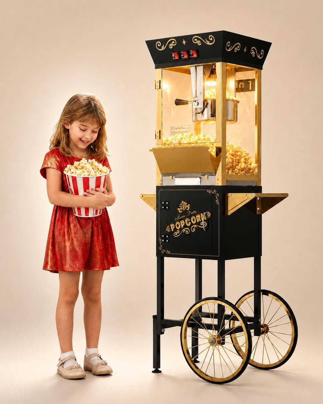 12 oz Upgraded Popcorn Machine Cart, Popcorn Maker Machine with Stainless-Steel Kettle Makes Up to 48 Cups, Movie Theater Pop Corn Machine with 3-Switch Control & Tempered Glass Doors, Black