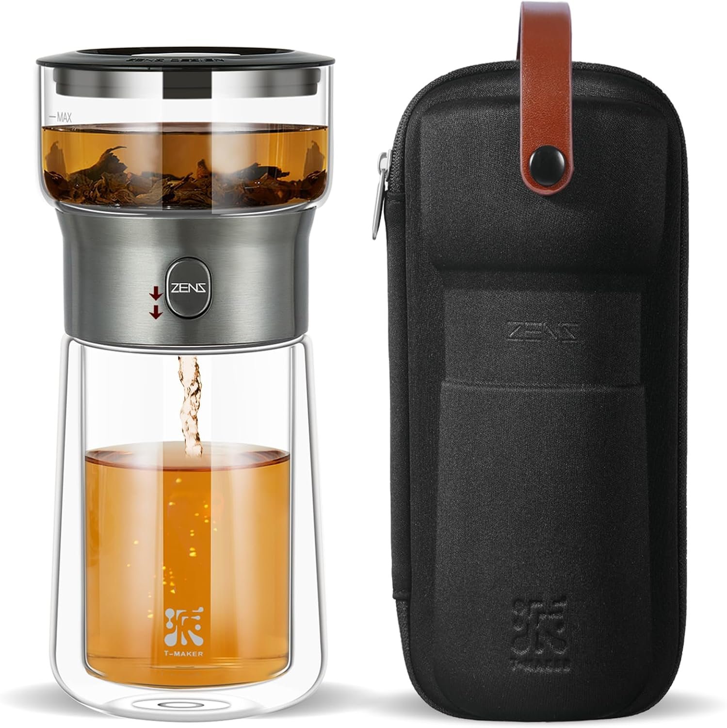ZENS Modern Tea Infuser Teapot, One Touch Tea Maker for Loose Leaf Tea | Glass Magic Tea Pot, Mess free Tea Steeper with Insulated Mug, Portable Tea Infuser with Case for Tea Lovers