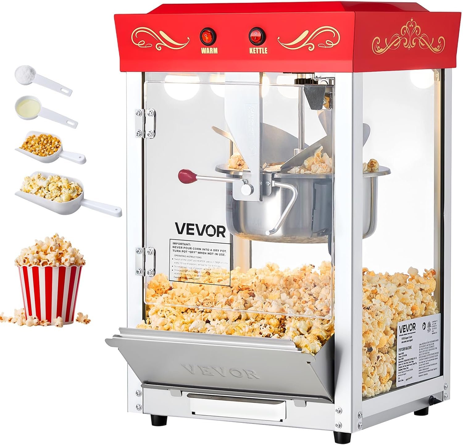 VEVOR Popcorn Machine, 8oz Stainless Steel Kettle, 800W Commercial Countertop Popcorn Maker, 48 Cups per Batch Theater Style Popper, with 2-Button Control Glass Wall PC Door 1 Scoop 3 Spoons, Red
