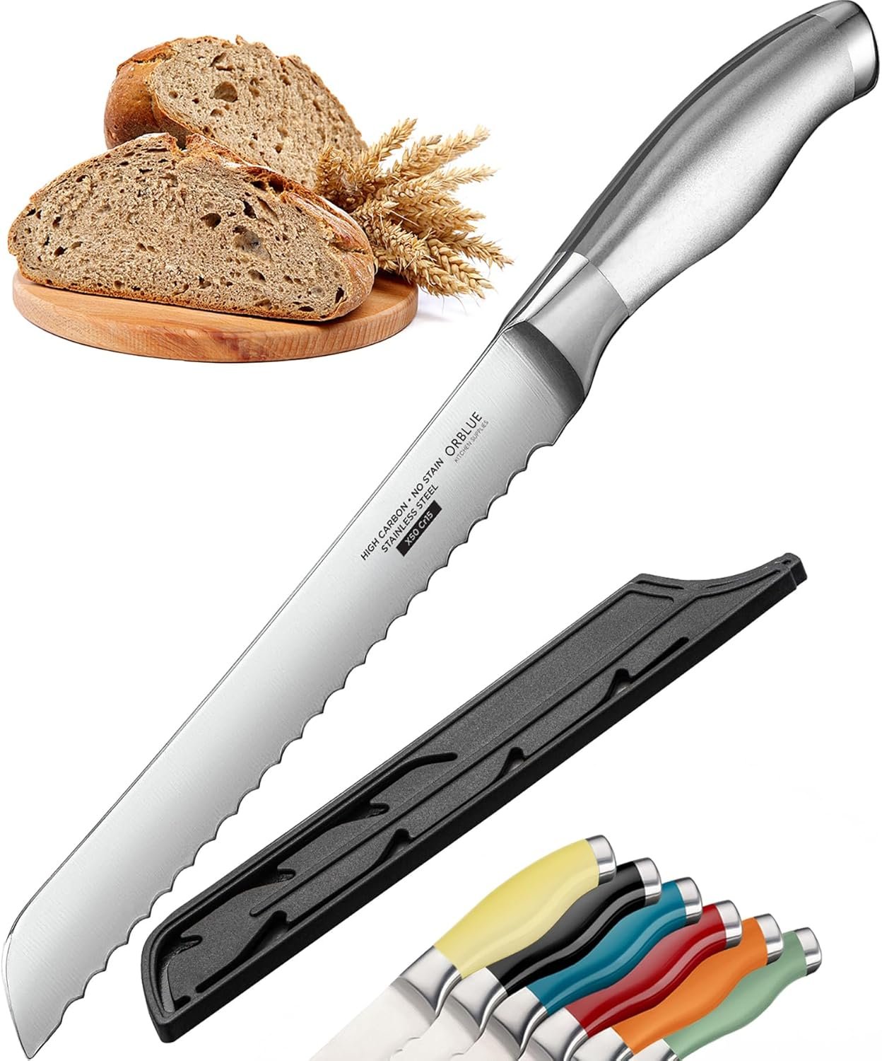Orblue Serrated Bread Knife with Upgraded Stainless Steel Razor Sharp Wavy Edge – Bread Cutter Ideal for Slicing Homemade Bagels, Cake (8-Inch Blade with 5-Inch Handle)