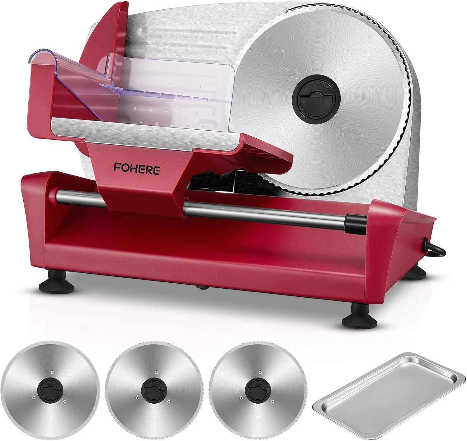 FOHERE 250W Meat Slicer Machine for Home, Electric Food Slicer with Stainless Steel Tray & Three 7.5″ Stainless Steel Blade, 0-15mm Precise Thickness Deli Meat Slicer for Bread Fruit Vegetable (Red)