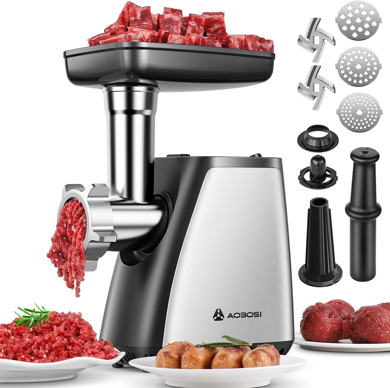AAOBOSI Electric Meat Grinder, 2800W Max Meat Mincer & Sausage Stuffer, 2 Blades, 3 Grinding Plates, Kubbe Kit, Stainless Steel Food Grinder for Home Kitchen