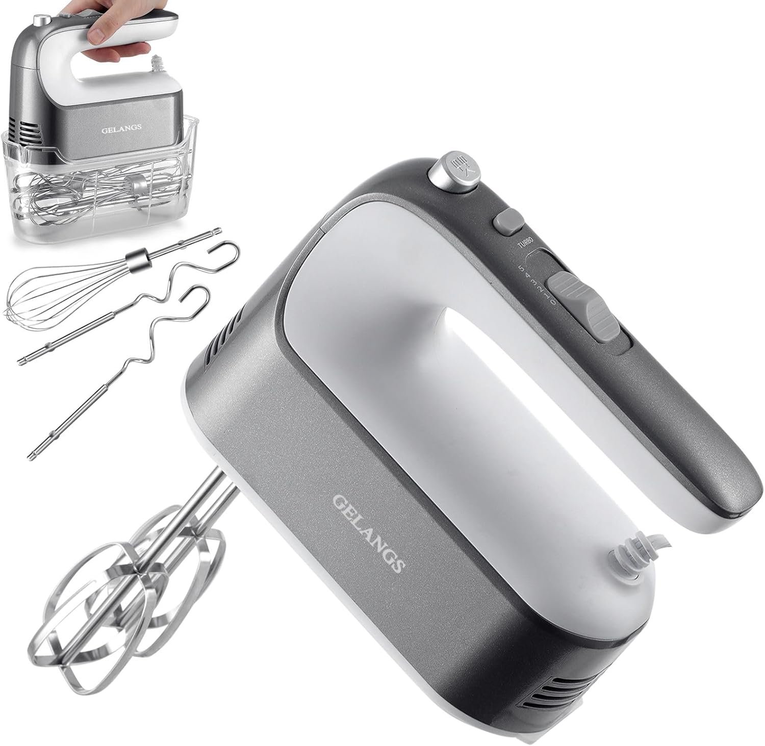 GELANGS-400W Hand Mixer with Turbo Boost – 5-Speed, One-Touch Release, Copper Motor – 5 Dishwasher-Safe Attachments – 110V Heavy Duty Mixer for Baking, Whipping & Dough