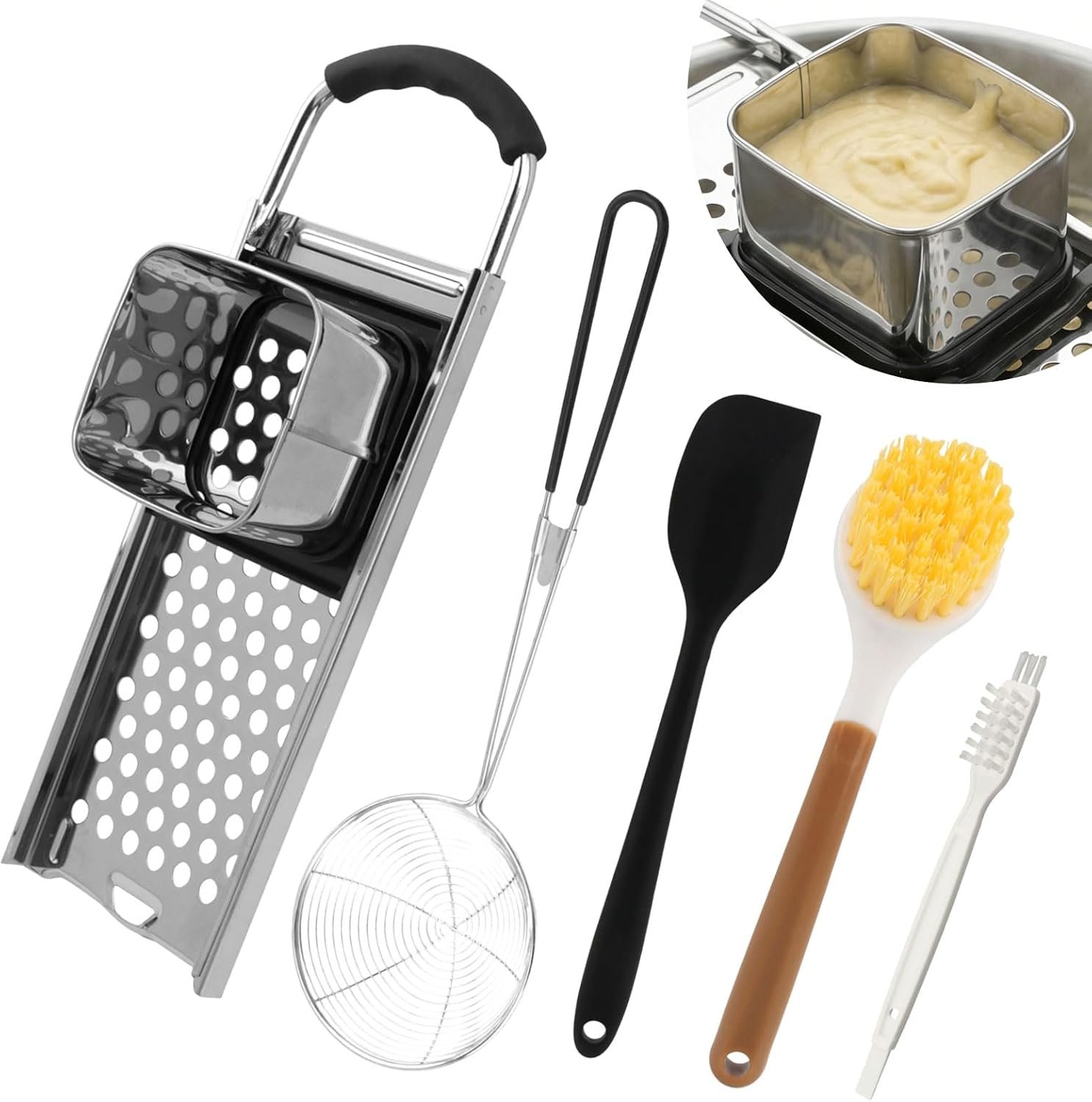 Stainless Steel Spaetzle Maker with Comfort Grip Handle set, Includ Spider Strainer, Cleaning Brush, Silicone Spatula and Pan Brush, Homemade German Egg Noodle Dumpling Making Tool