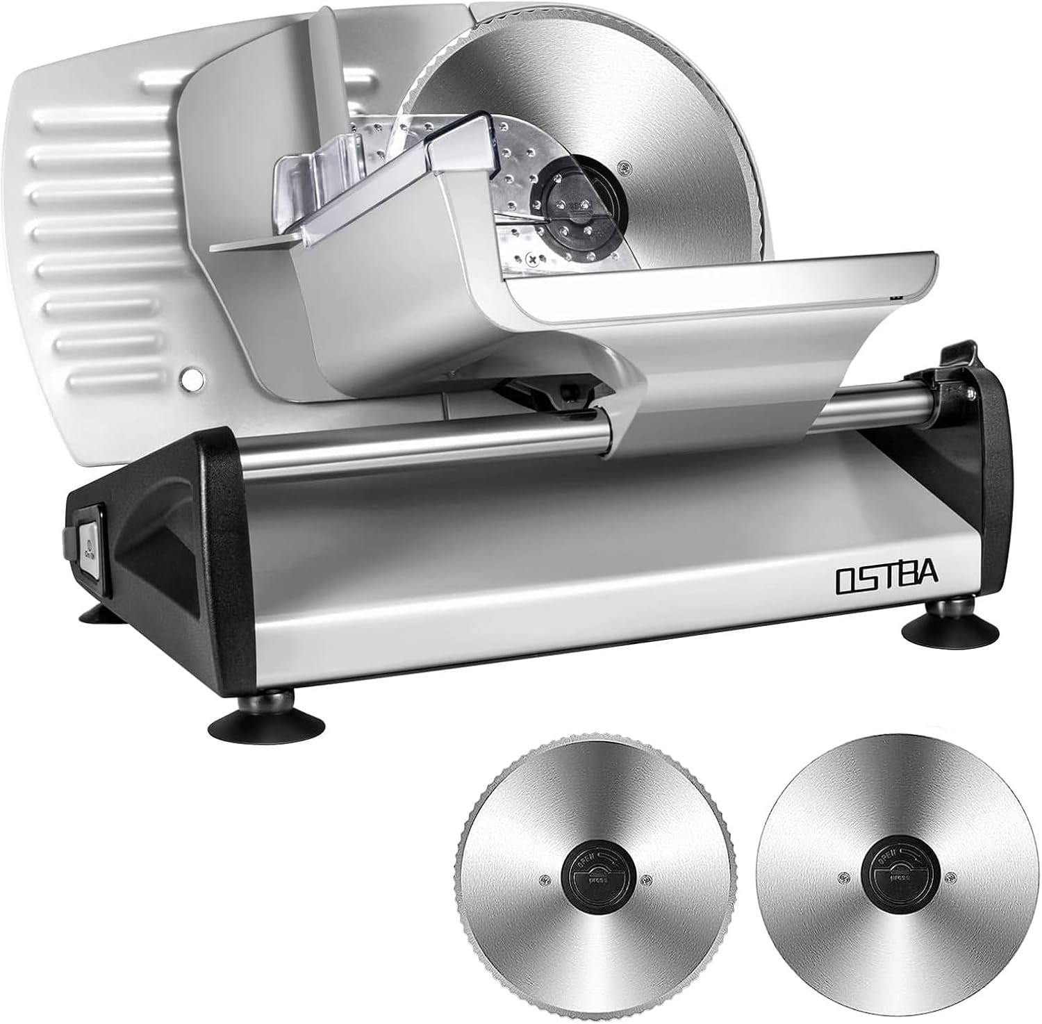 OSTBA Electric Meat Slicer, 2 Removable 7.5″ Stainless Steel Blade and Food Carriage, Adjustable Thickness 0-15mm, Child Lock Protection, 200W Deli Food Slicer for Meat, Bread, Cheese, Vegetables