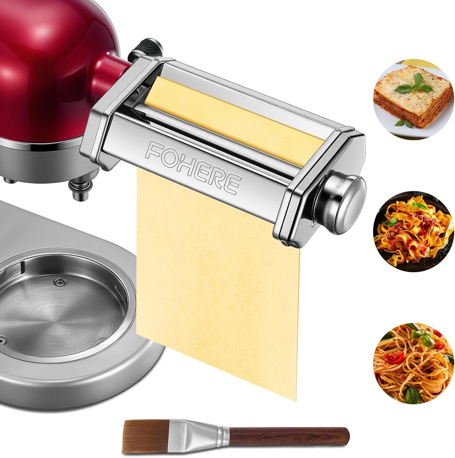Pasta Roller Attachment for KitchenAid Stand Mixer, Pasta Maker Accessorie with Cleaning Brush, 7 Adjustable Thickness Knob for Pasta Sheets, Homemade Fresh Noodles and Italian Cuisine, Easy to Use