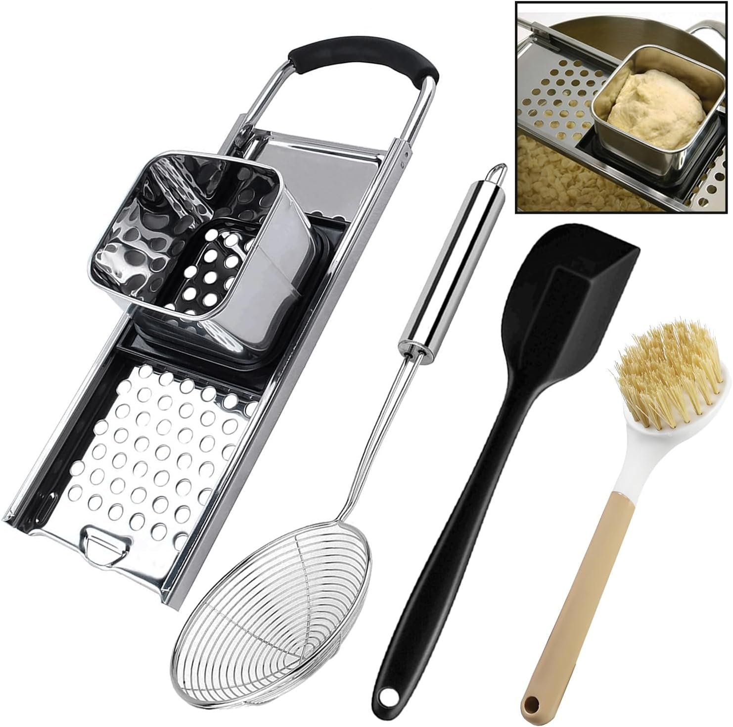 Premium Grade Stainless Steel Spaetzle Maker with Comfort Grip Handle, Stainless Steel Spider Strainer Skimmer Spoon with Cleaning Brush, Homemade German Egg Noodle Dumpling Making Tool Set