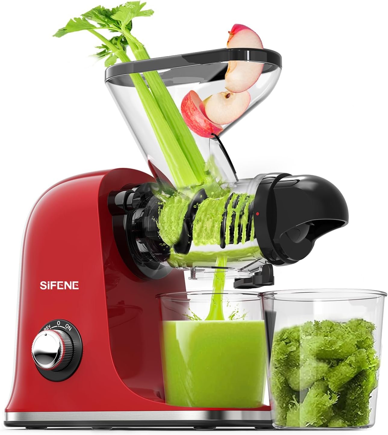 SIFENE Mini Slow Masticating Juicer, Dual Feed Chute, Quiet Motor, Red | reverse function, easy-clean removable parts, compact countertop footprint, apples, carrots and celery prep, BPA-free parts
