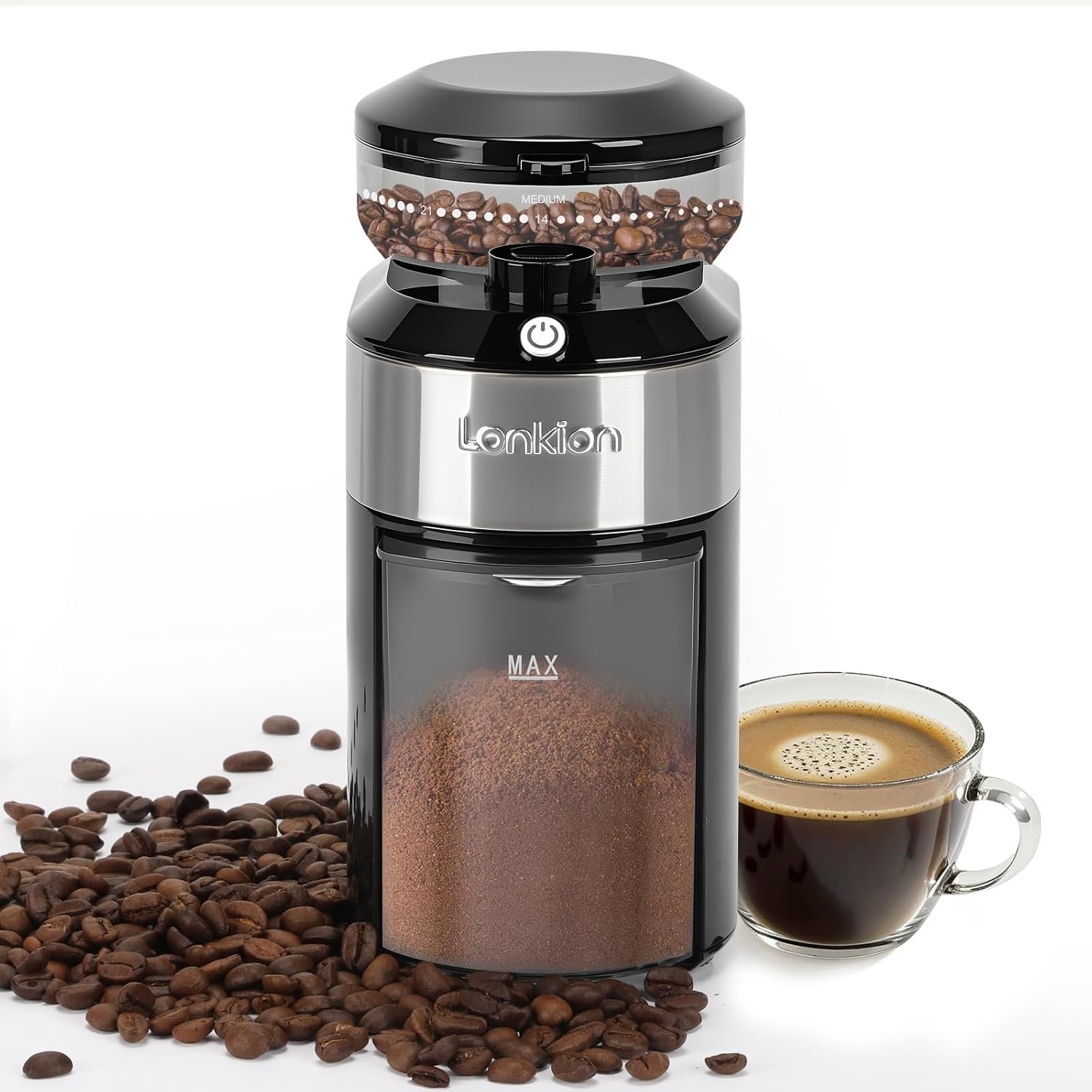 Lonkion Burr Coffee Grinder – Electric Coffee Bean Grinder with 28 Adjustable Grind Settings For 2-12 Cups – Adjustable Coffee Grinders for Home Use – Easy to Use – Stainless Steel