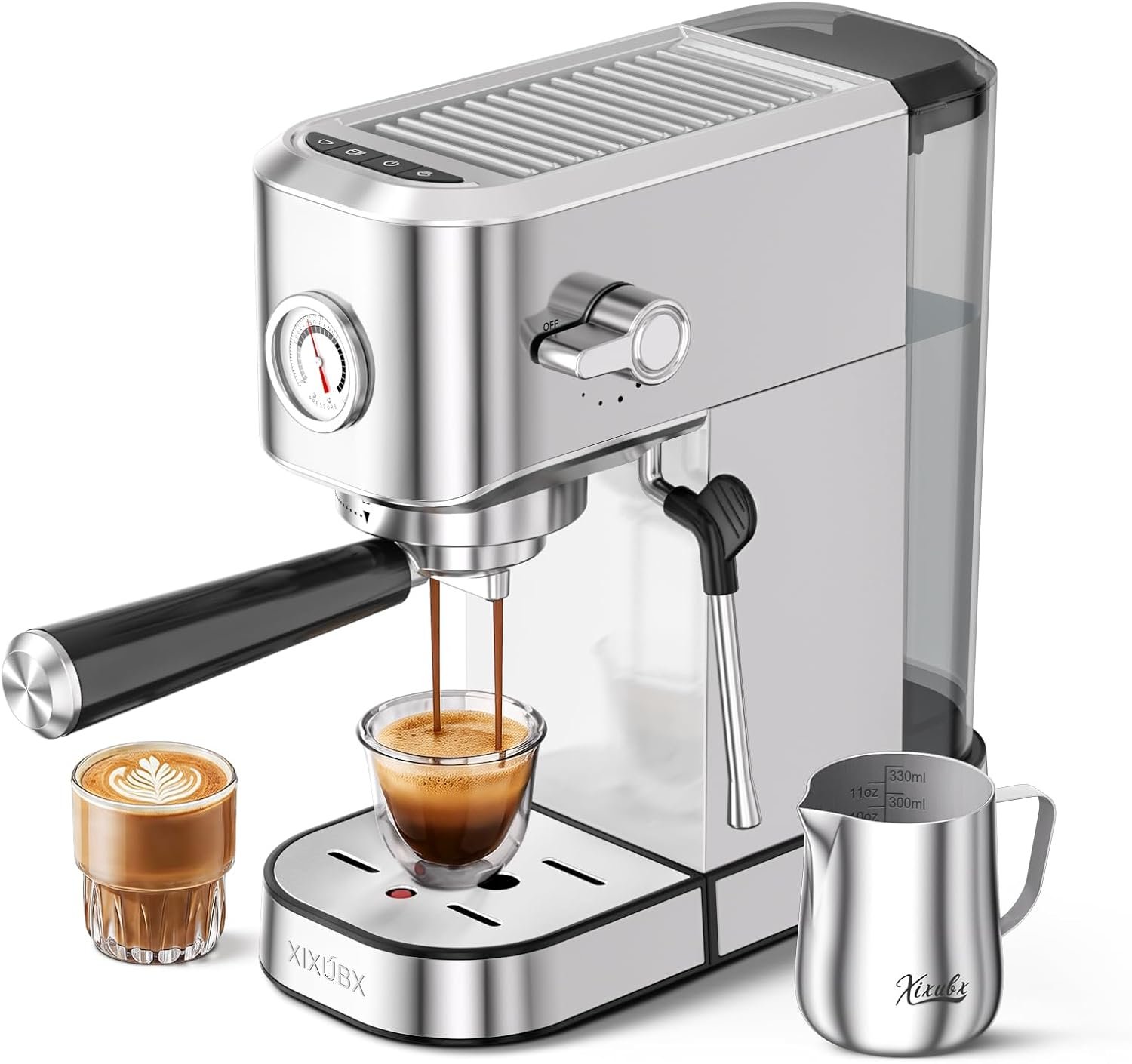 XIXUBX 20 Bar Espresso Machine, Compact Stainless Steel Espresso Maker with Milk Frother and Milk Frothing Pitcher, Coffee Machine for Cappuccino and Latte, 42 oz Water Tank for Home, Office, Silver