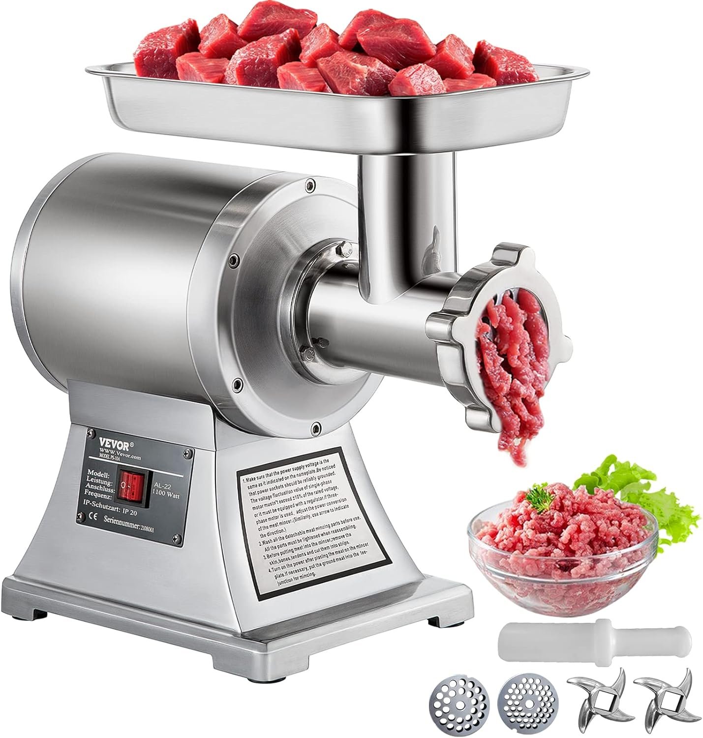 VEVOR Commercial Meat Grinder, 550LB/h 1100W Electric Meat Mincer, ETL Approved Heavy Duty Industrial Meat Mincer Machine