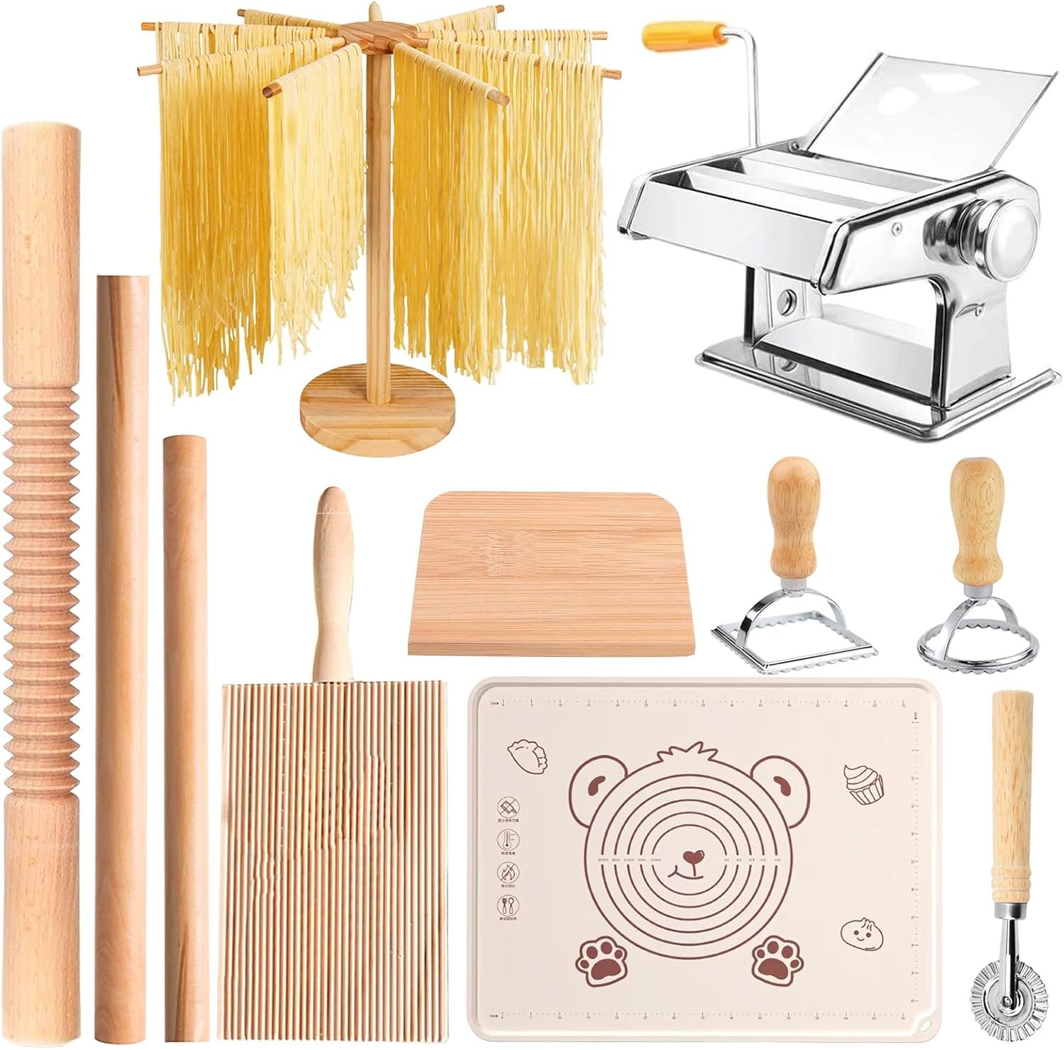 Pasta Making Tools, Pasta Making Kit, Includes Pasta Maker Machine, 1 Pasta Drying Rack, 3 Rolling Pins, 1 Gnocchi Board, 1 Dough Cutter, 1 Ravioli Cutter, 2 Pasta Stamps, 1 Silicone Dough Mat