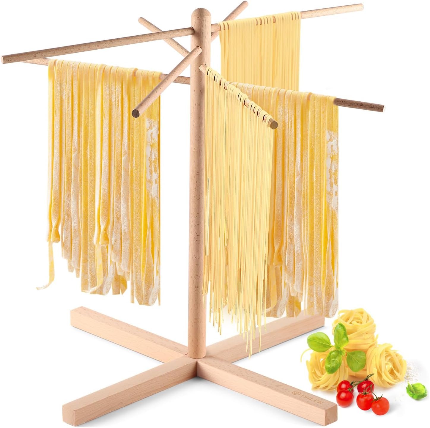iSiLER Natural Beech Wood Pasta Drying Rack with 8 Branches, Easy to Transfer for Drying Pasta and Spaghetti, Special Suspension Design for Storage | Solid Food-Safe Beech Wood Construction, Quick Assembly & Foldable Space-Saving Design, Easy to Wipe Clean