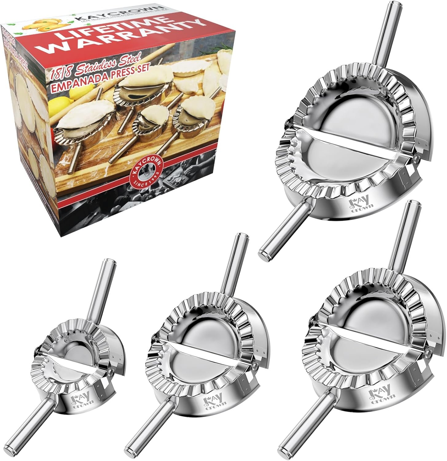 KAYCROWN Empanada Maker Press, Stainless Steel Dumpling Maker Set, 2-in-1 Dough Cutter Dumpling Mold Set for Ravioli, Pierogi, Turnovers, Calzone, Dumpling, 4 Sizes (XL/6″+L/4.75″+M/4″+S/3.25″)