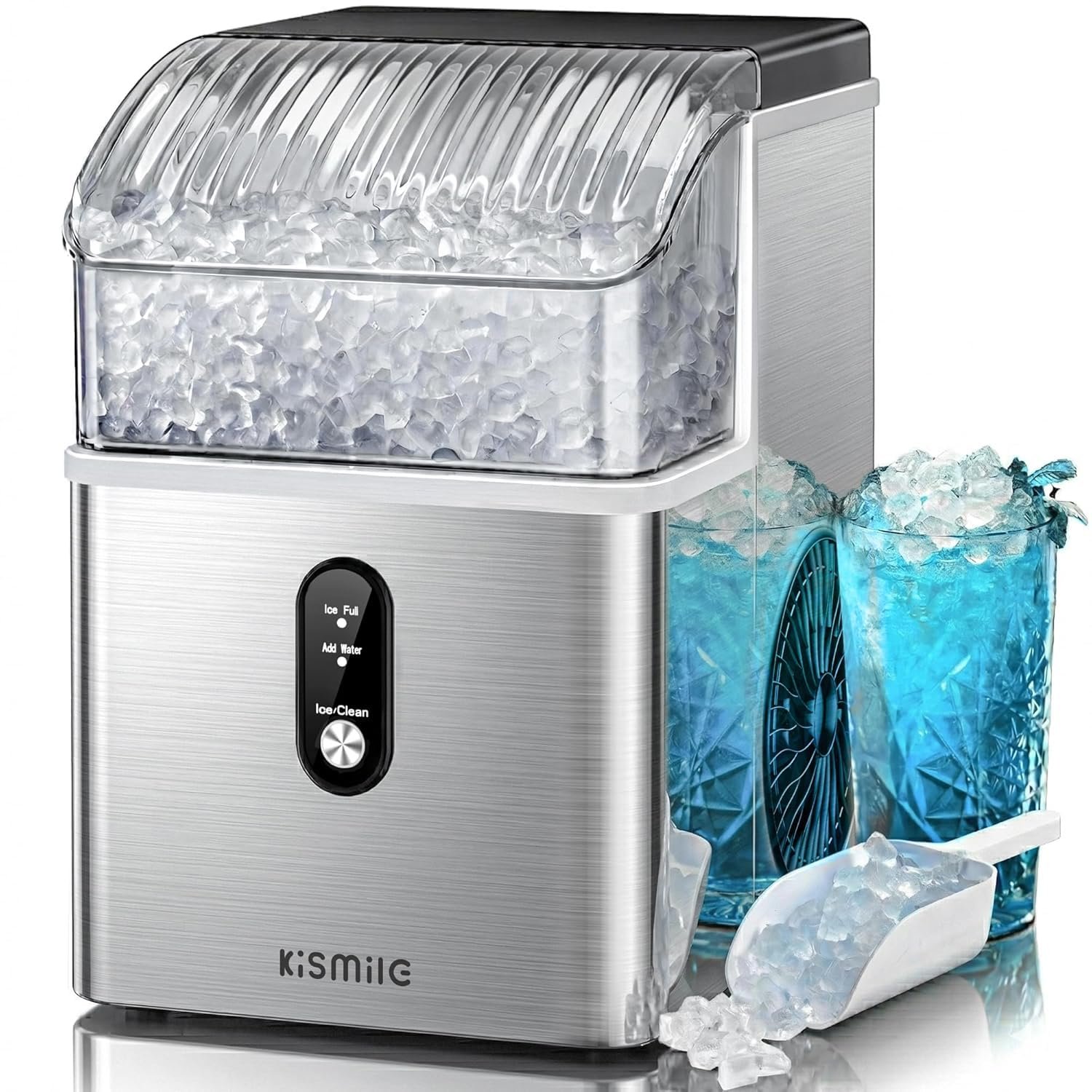 Kismile Nugget Ice Makers Countertop,Portable Ice Machine with Crushed Ice, 35lbs/Day,Self-Cleaning,One-Click Operation for Home Use(Silver)