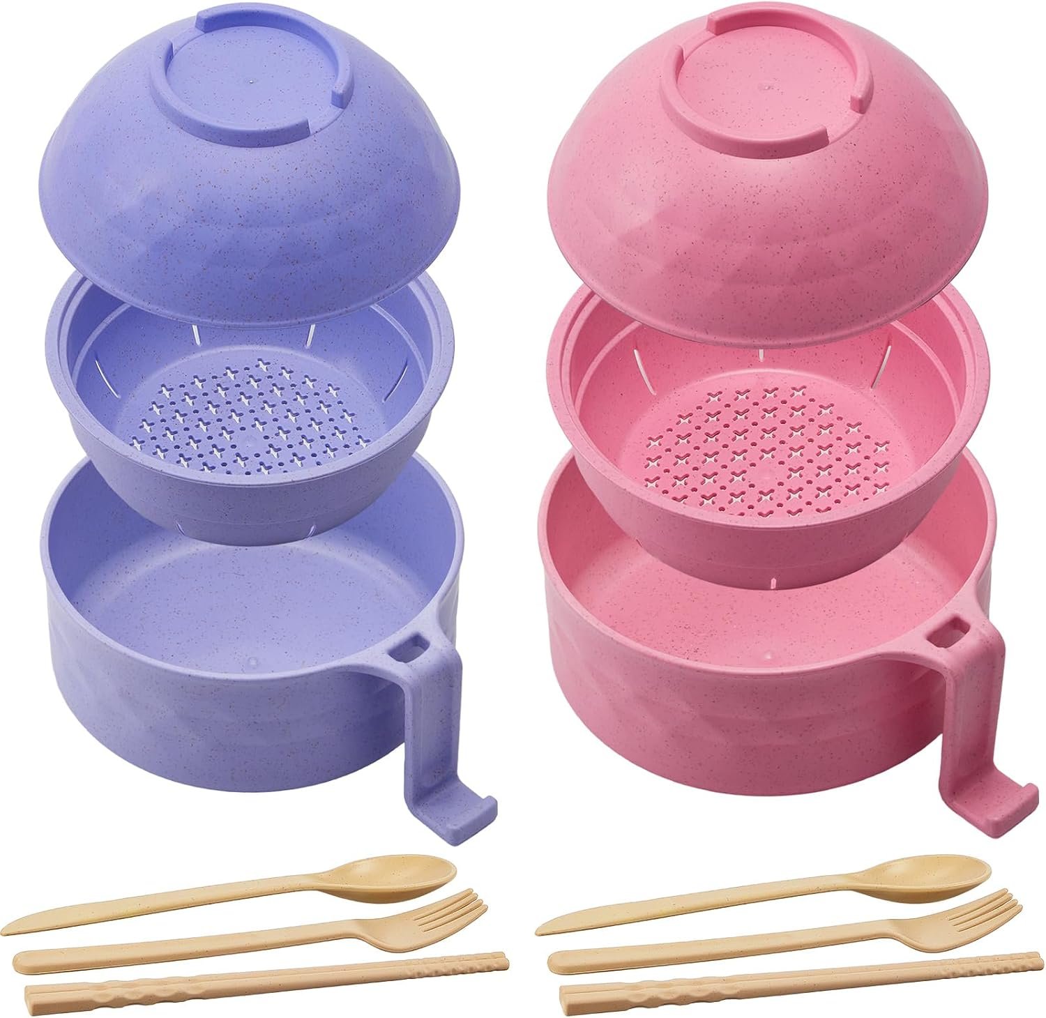 2 Sets Microwave Ramen Bowl 40 oz Wheat Fiber Portable Instant Noodle Cooker Bowl with Handles Strainer Spoon Chopstick Fork College Dorm Room Apartment Essentials(Pink, Purple)