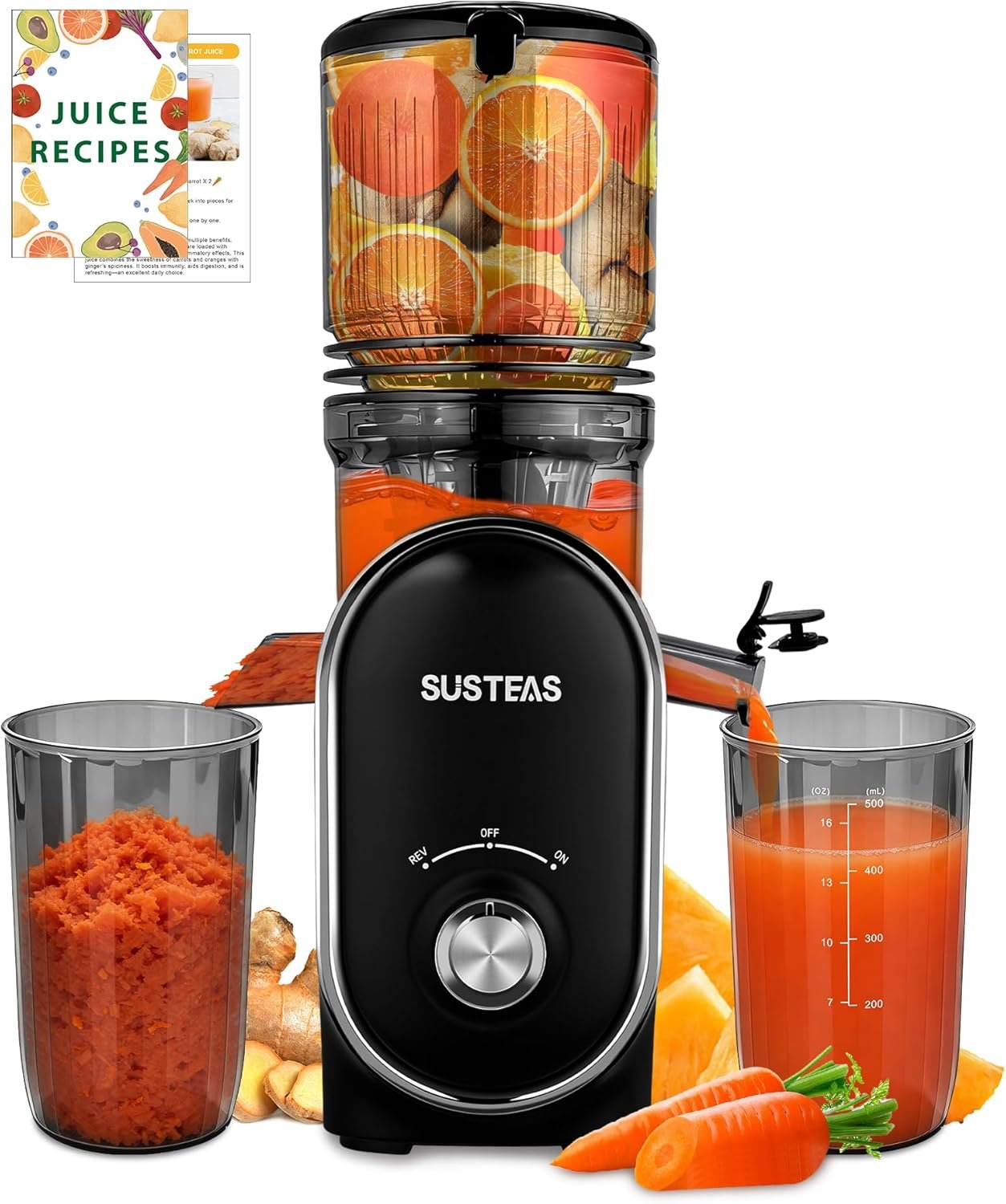 SUSTEAS Cold Press Juicer, 300W, 5.3″ Large Feed Chute, 1.5L Capacity, Automatic Feeding, High Yield, Easy to Clean, Ideal for Whole Fruits & Vegetables, Black