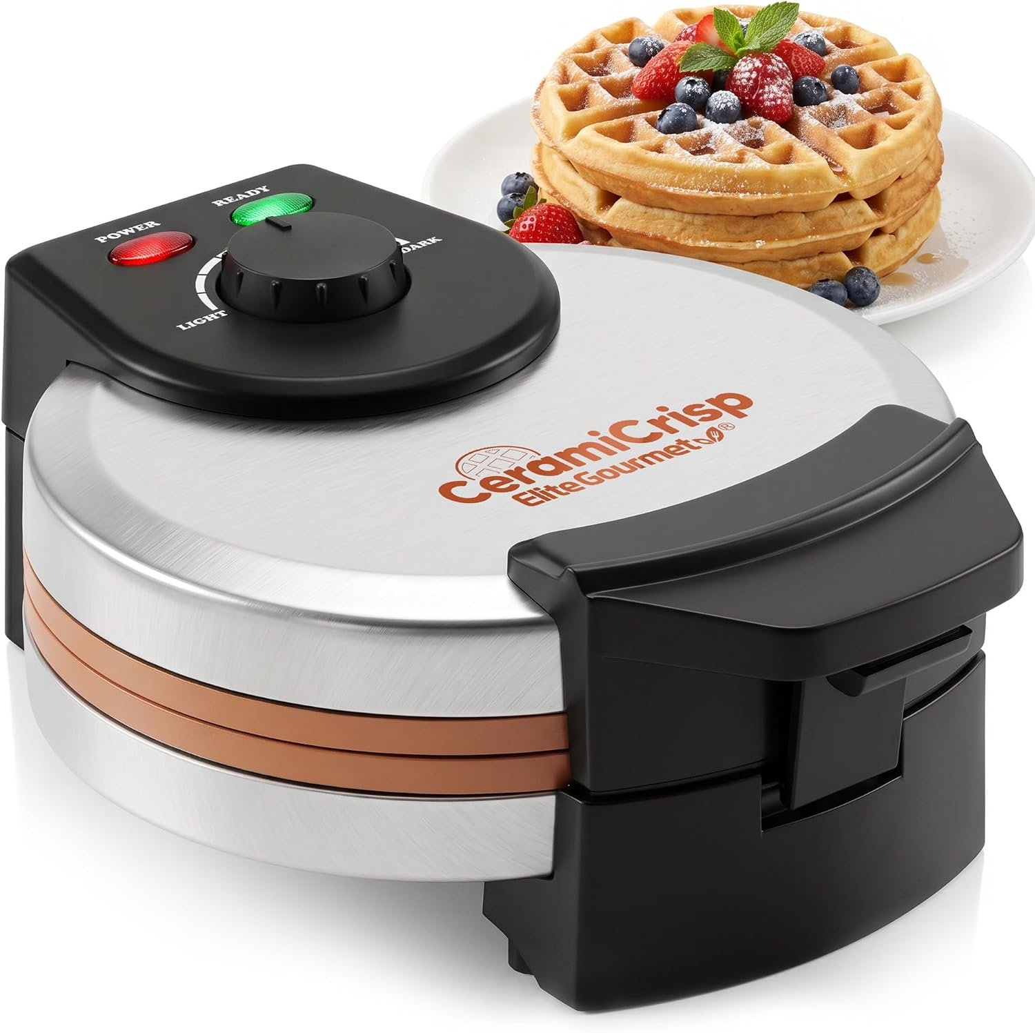 Elite Gourmet Belgian Waffle Maker with PFAS-Free CeramiCrisp™ Ceramic Nonstick Plates, Adjustable Browning Control, 1100W Heating, Power & Ready Indicator Lights, Vertical Storage, Stainless Steel