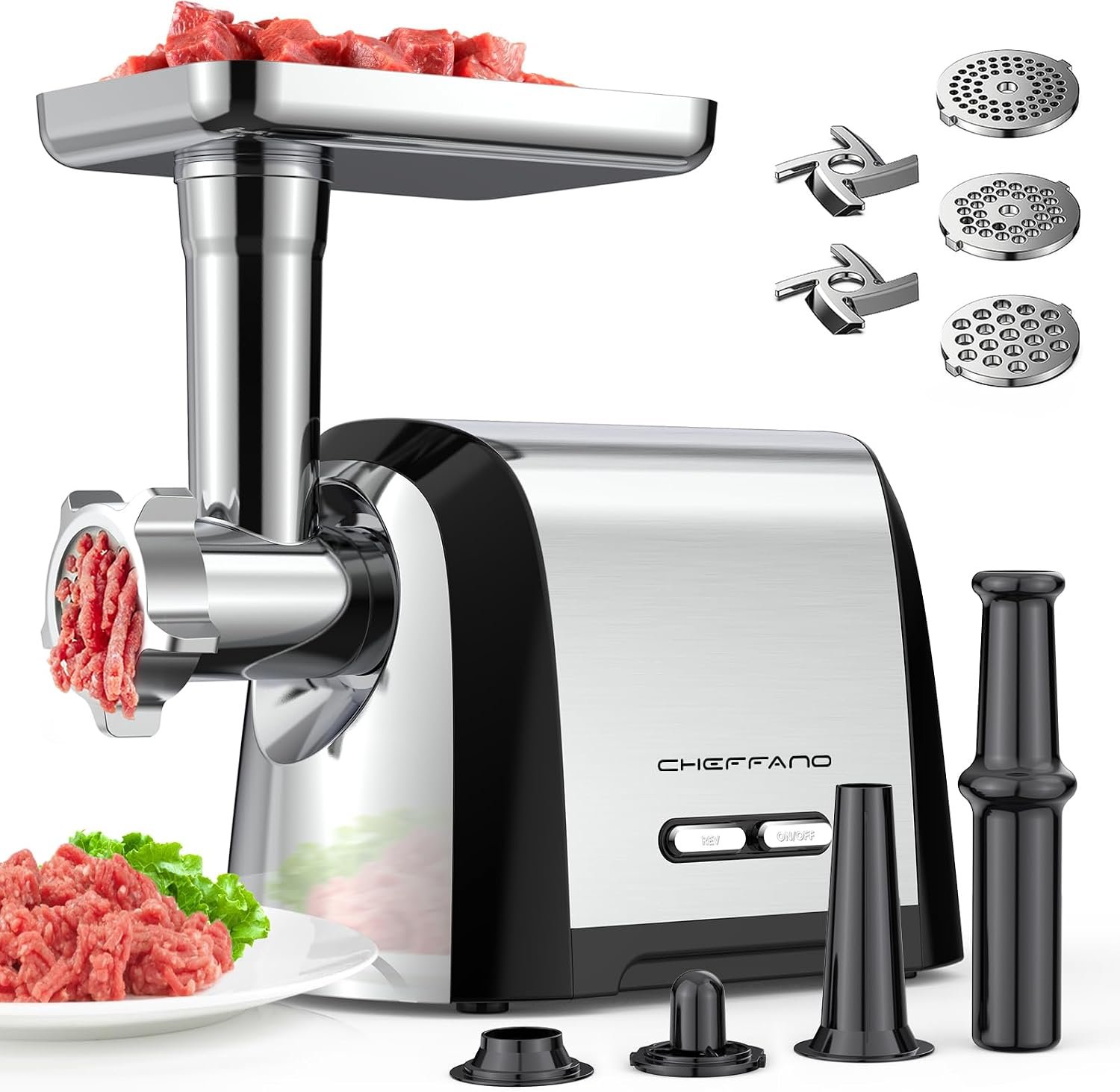 Electric Meat Grinder, 2600W Max 3-IN-1 Heavy Duty Sausage Stuffer with Sausage tube & Kubbe Kit, 3 Grinding Plates 2 Blades for Home Kitchen & Small Commercial Use, Stainless Steel