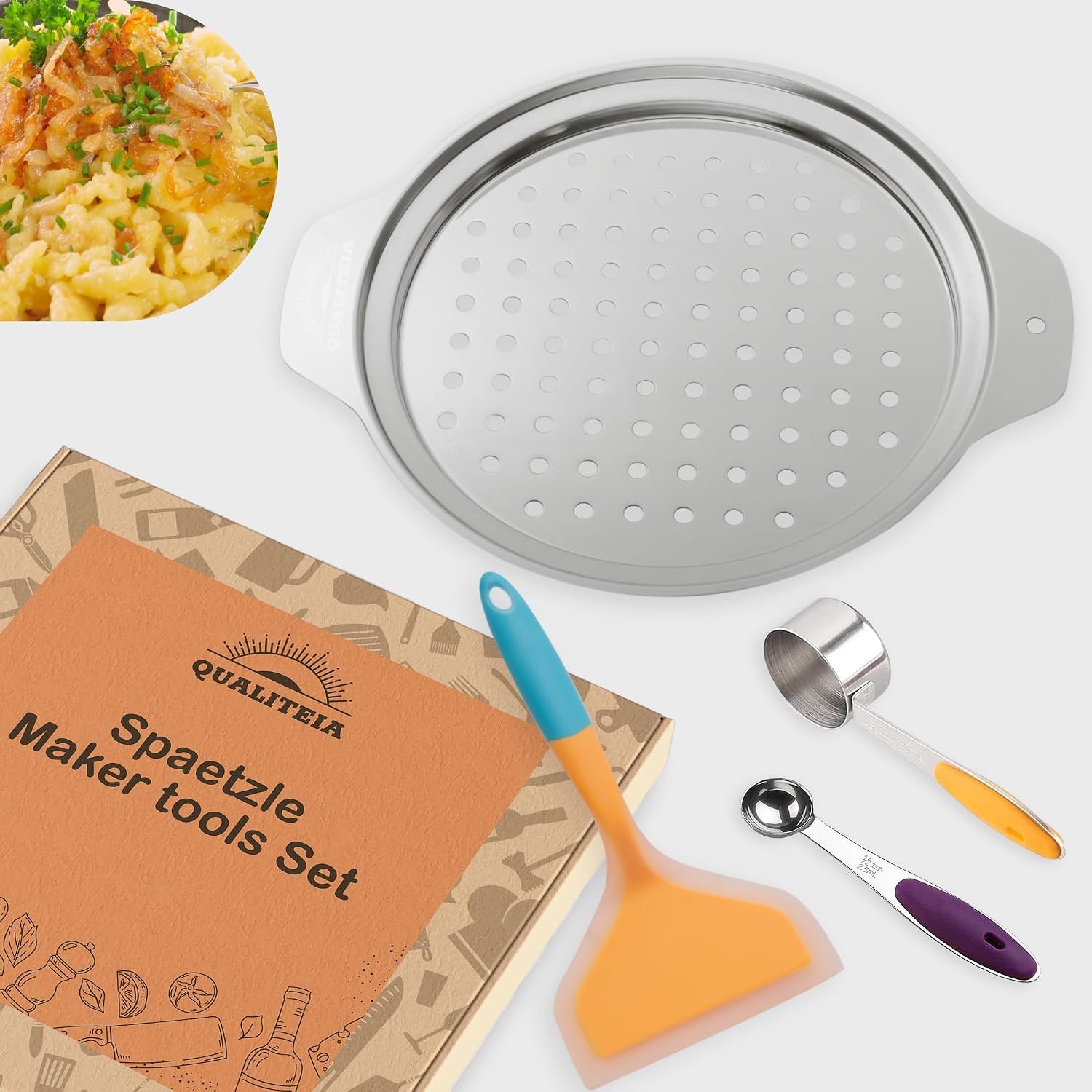 Spaetzle Maker Lid – Set with Silicone Spatula and 2 Measuring Cups, German Noodle Tool, Spaetzle Utensil Stainless Steel, Spaetzle German Noodles, Spaetzle Press Lid, Traditional, Manual Pasta Maker
