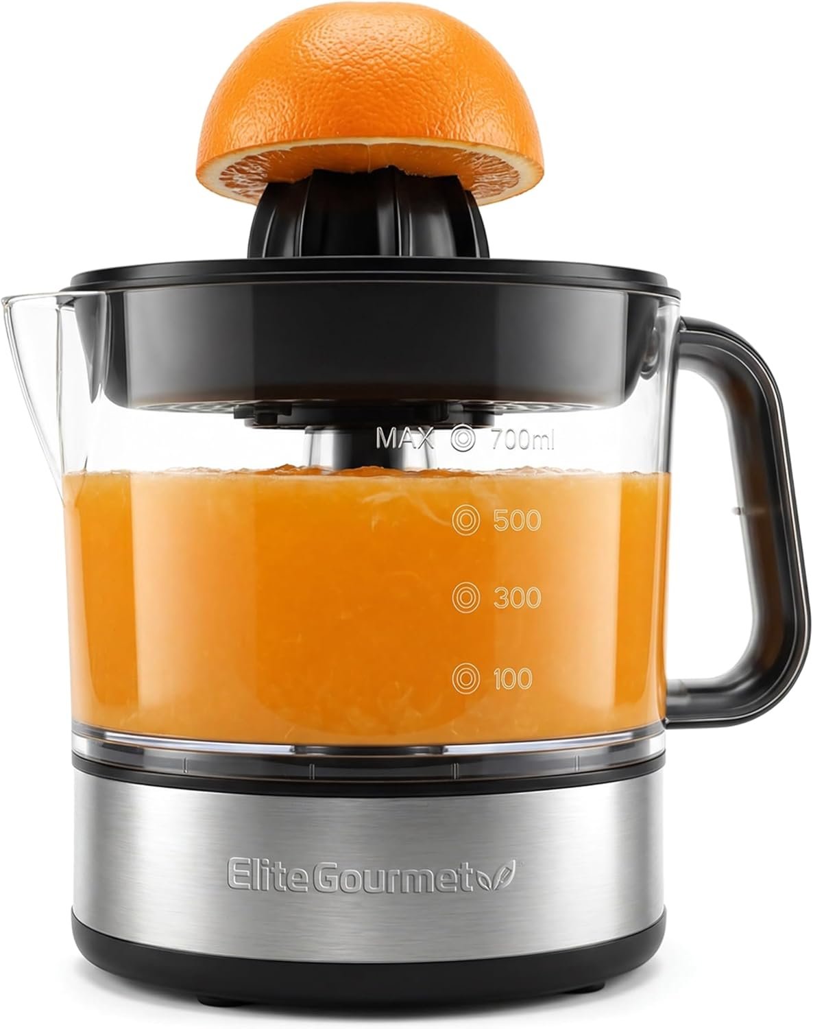 Elite Gourmet ETS623 BPA-Free 40-Watt Electric Citrus Juicer, Compact, Large Volume, Pulp Control, Oranges, Lemons, Limes, Grapefruits with Easy Pour Spout, 24oz, Black/Stainless Steel
