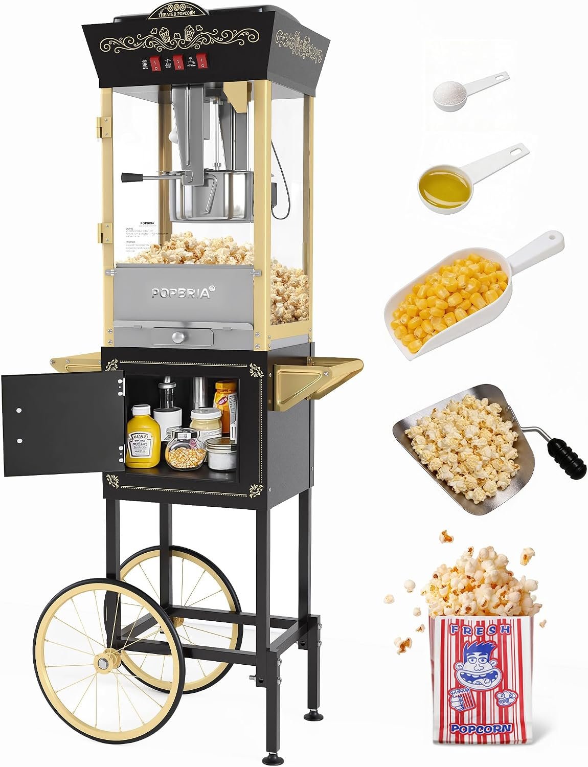 Popcorn Machine with Cart, 12oz Retro Popcorn Maker with Warming Deck, Movie Theater Style Popcorn Machine for Home Theater, Parties and Large Batches, Black and Gold