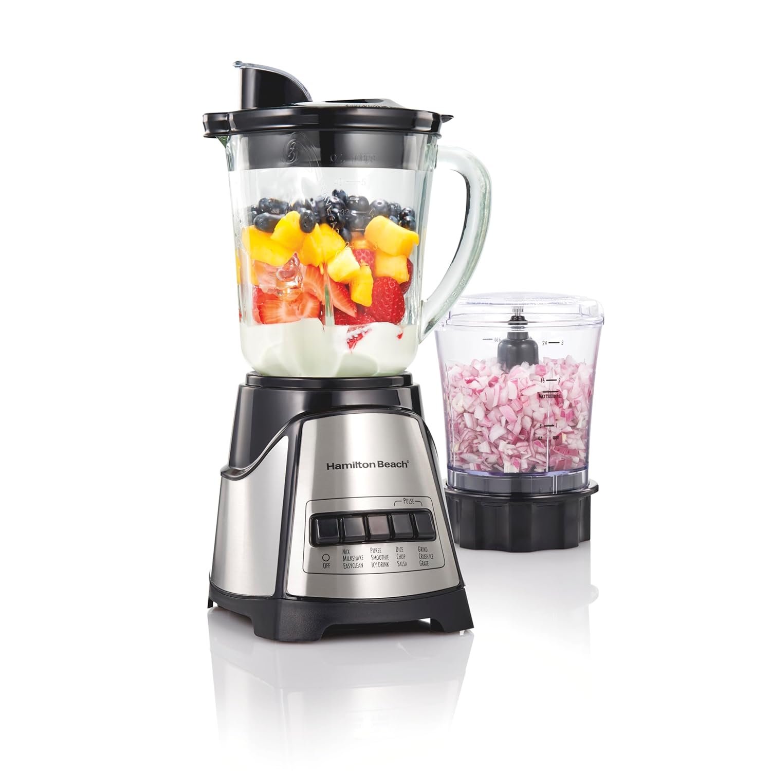 Hamilton Beach Power Elite Blender for Smoothies with 3-Cup Vegetable Chopper, Mini Food Processor, 40oz Glass Jar, 12 Functions for Puree, Ice Crush, Black (58149)