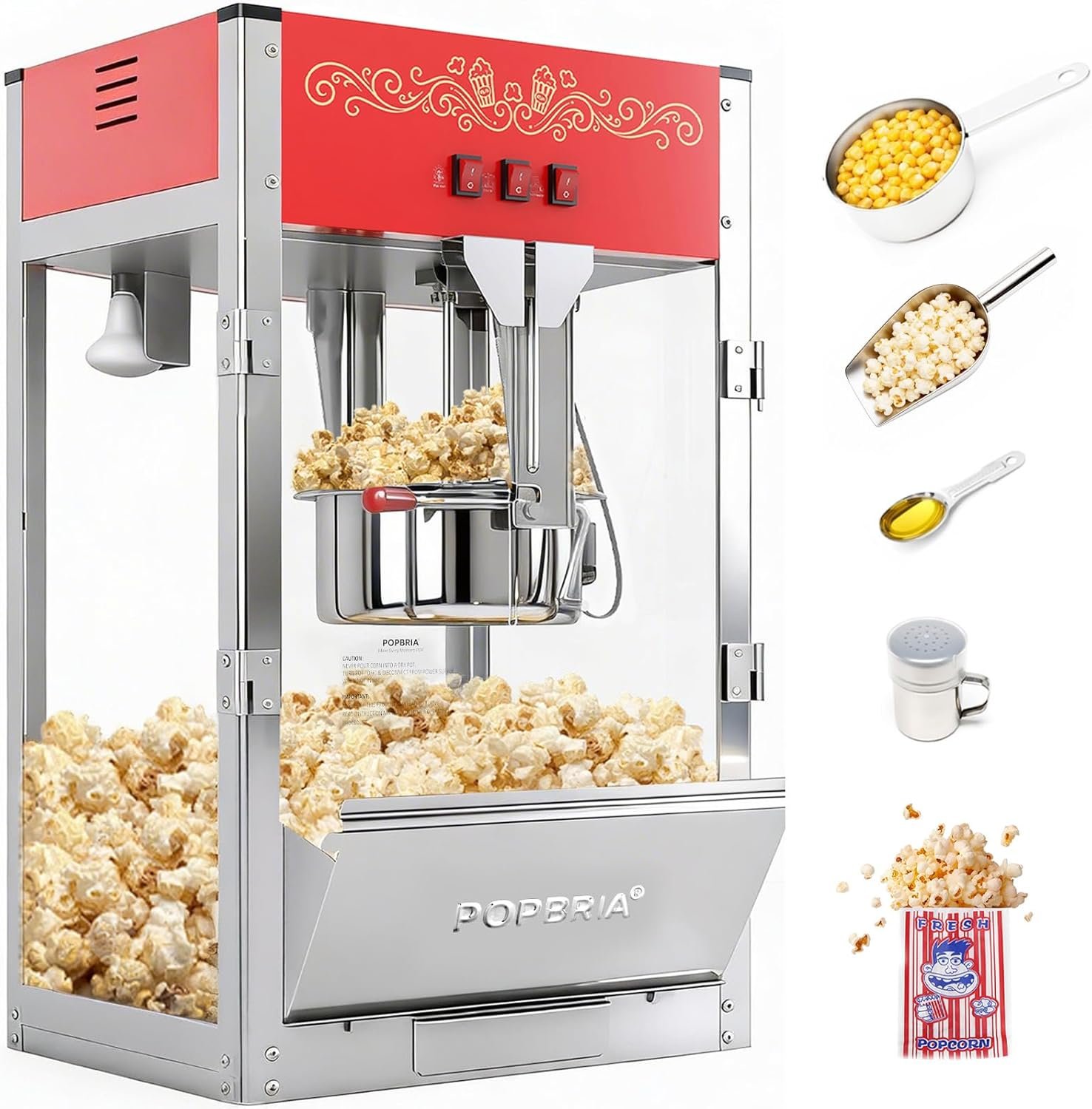 Commercial Popcorn Machine, Authentic 16oz Kettle Countertop Popcorn Maker with Waming Deck, 1600W Large Popcorn Machine for Restaurant, Concession Stand, Carnival, School, Office, Red