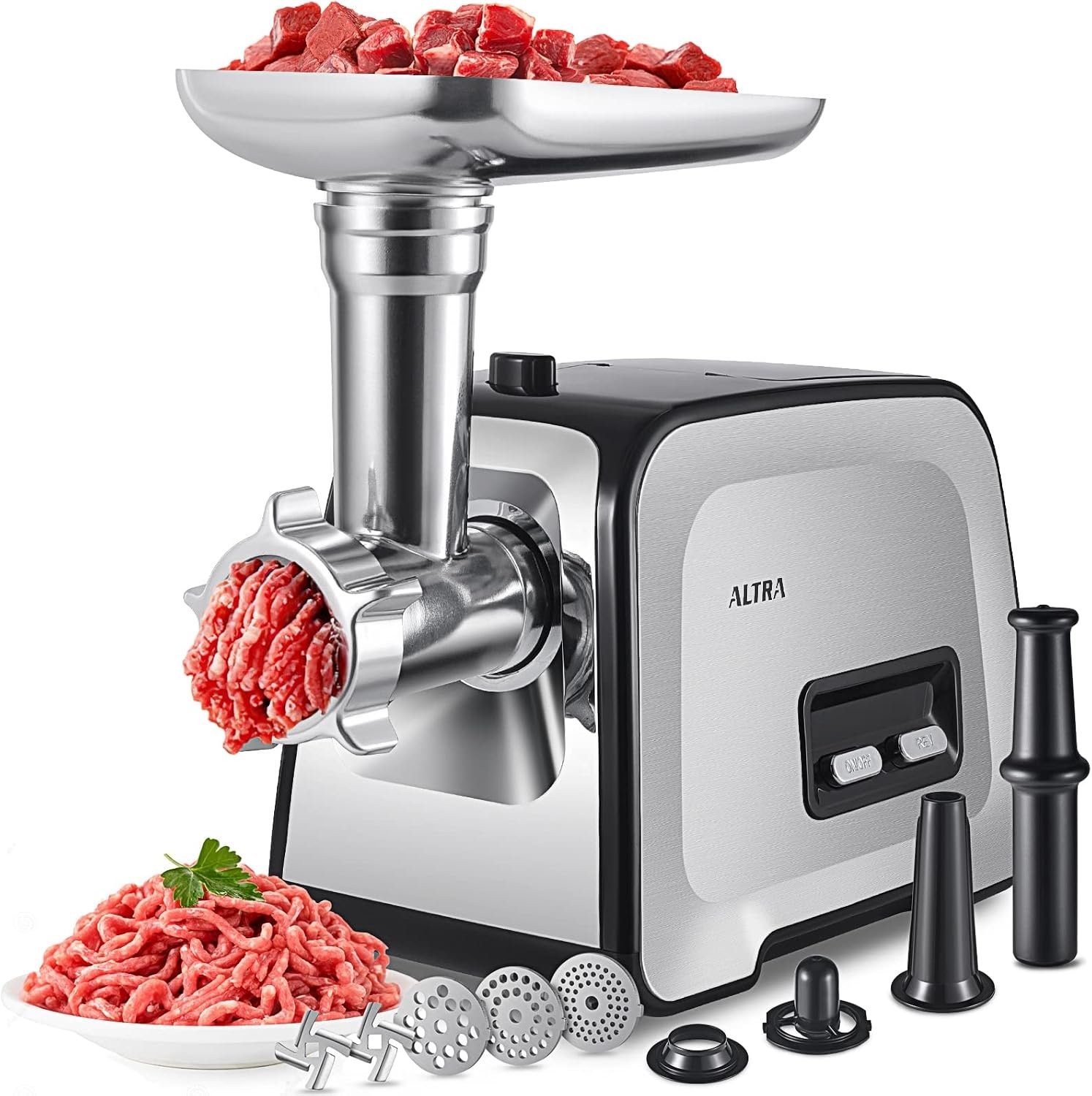 ALTRA LIFE Electric Meat Grinder, 2800W Max Sausage Stuffer with 2 Blades, 3 Plates, Sausage Tube & Kubbe Kit for Home use, Built-in Storage