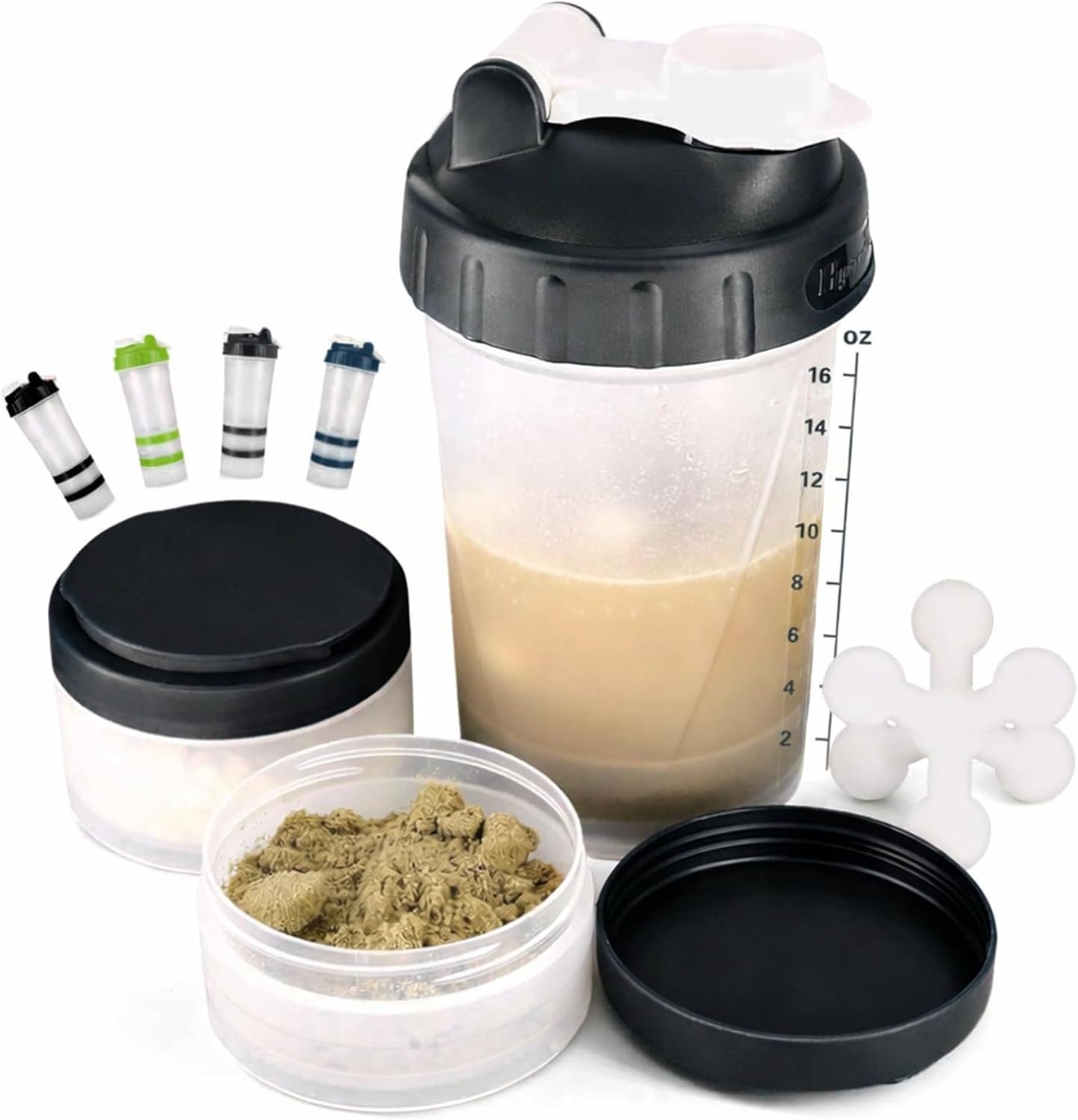 Hydro2Go 16oz Protein Shaker Bottle with Shaker Ball and 2 Storage Jars | BPA-Free Plastic Cup with Clear Measurement Scale | Perfect for Protein Mixes and Pills | Portable Pre-Workout Drink Cup Black