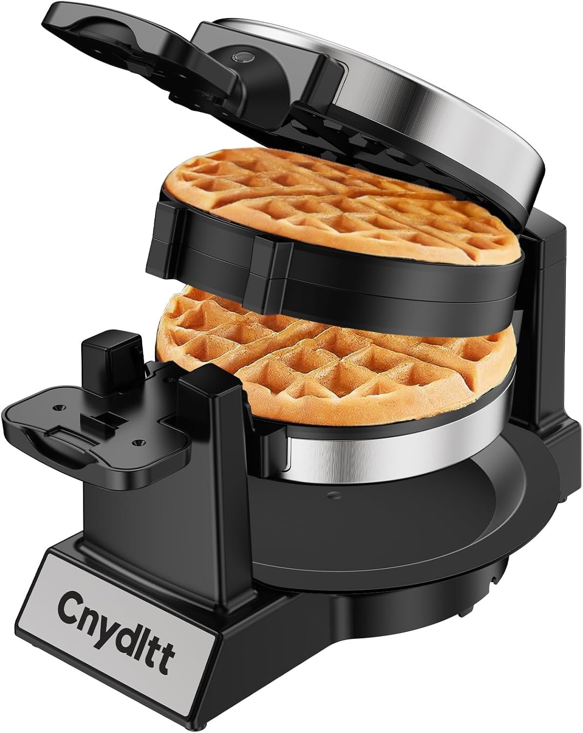 Cnydltt Double Waffle Maker – 1400W Rotating Belgian Waffle Iron, Cooks 2 at Once (8 Slices), 180° Flip Nonstick Plates, Smart Temp Control, Removable Drip Tray, Locking Lid, Stainless, Black