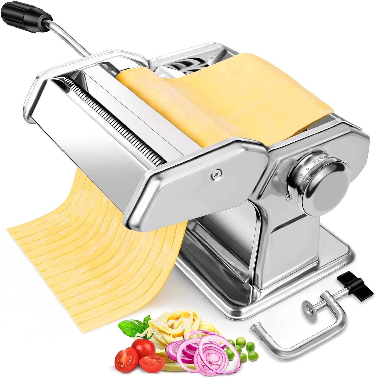 Pasta Maker – 7 Thickness Settings Roller & 2 Width Cutters Pasta Machine | Gift Choice – Stainless Steel, Easy to Use, Durable for Fresh Homemade Pasta, Includes Hand Crank & Table Clamp