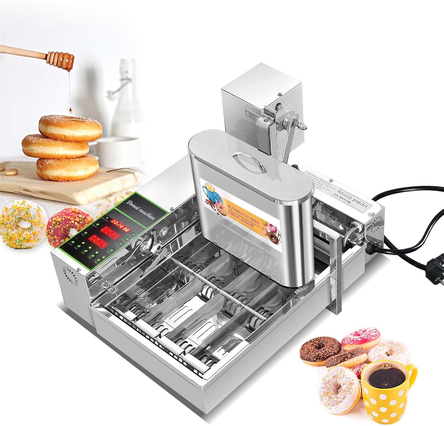 Kolice Commercial Mini Donuts Making Machine Frying Donuts Makchine – 4-Rows Production, 5.5L Hoppers, 1,800 Pcs Per Hour, Auto Counting, Timer and Temperature Control