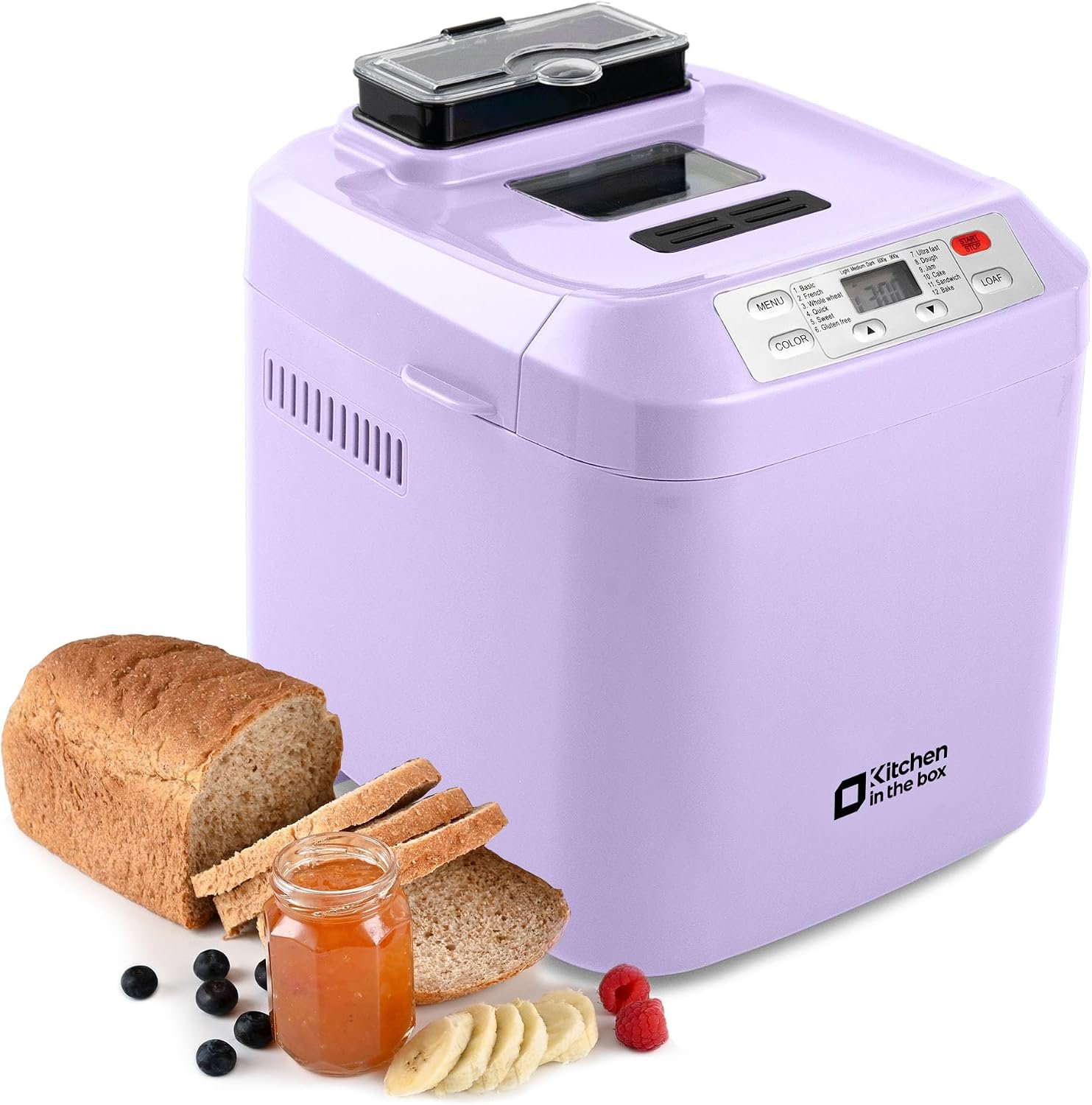 Kitchen in the Box 2lb Bread Maker with Auto Fruit Nut Dispenser, 12-in-1 Gluten-Free Bread Machine, 13H Delay Timer, Nonstick Pan, Keep Warm (purple)