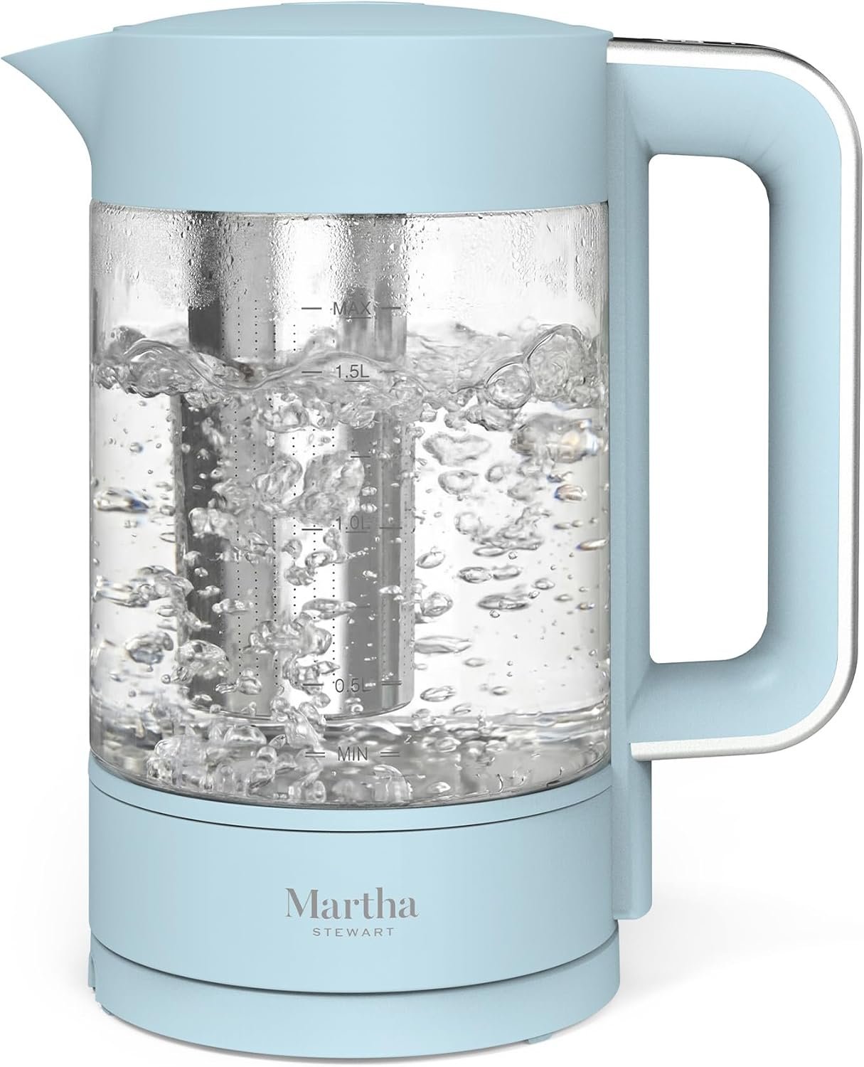 Martha Stewart Electric Kettle with Removable Stainless Steel Tea Infuser,  Glass Carafe 1.7L (7 Cups), Hot Water Boiler, 4 Presets, Keep Warm & Auto Shut-Off, Cordless 360° Swivel Base, Sky Blue